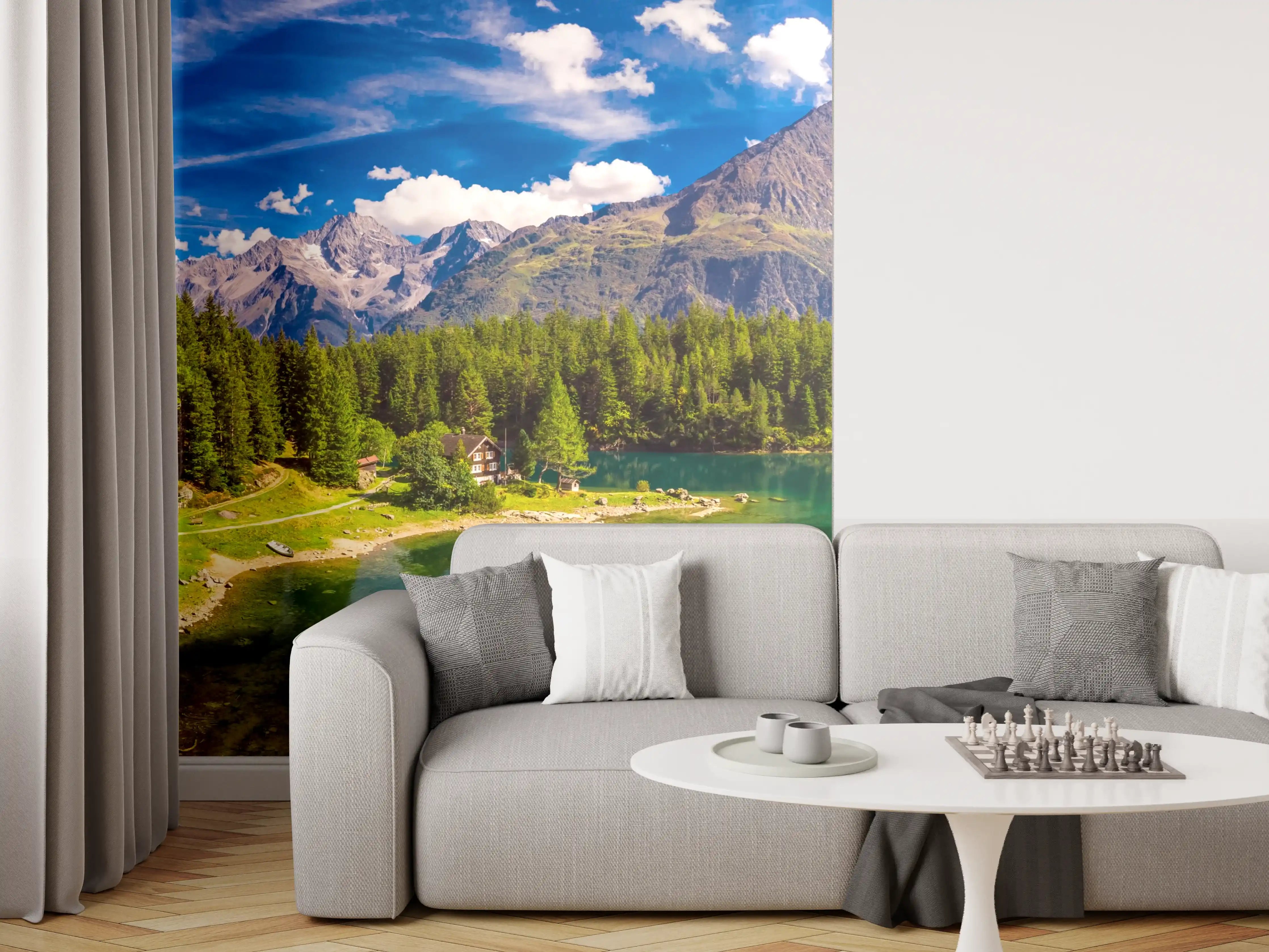 Wandverkleidung Wohnzimmer - Arnisee mit Schweizer Alpen