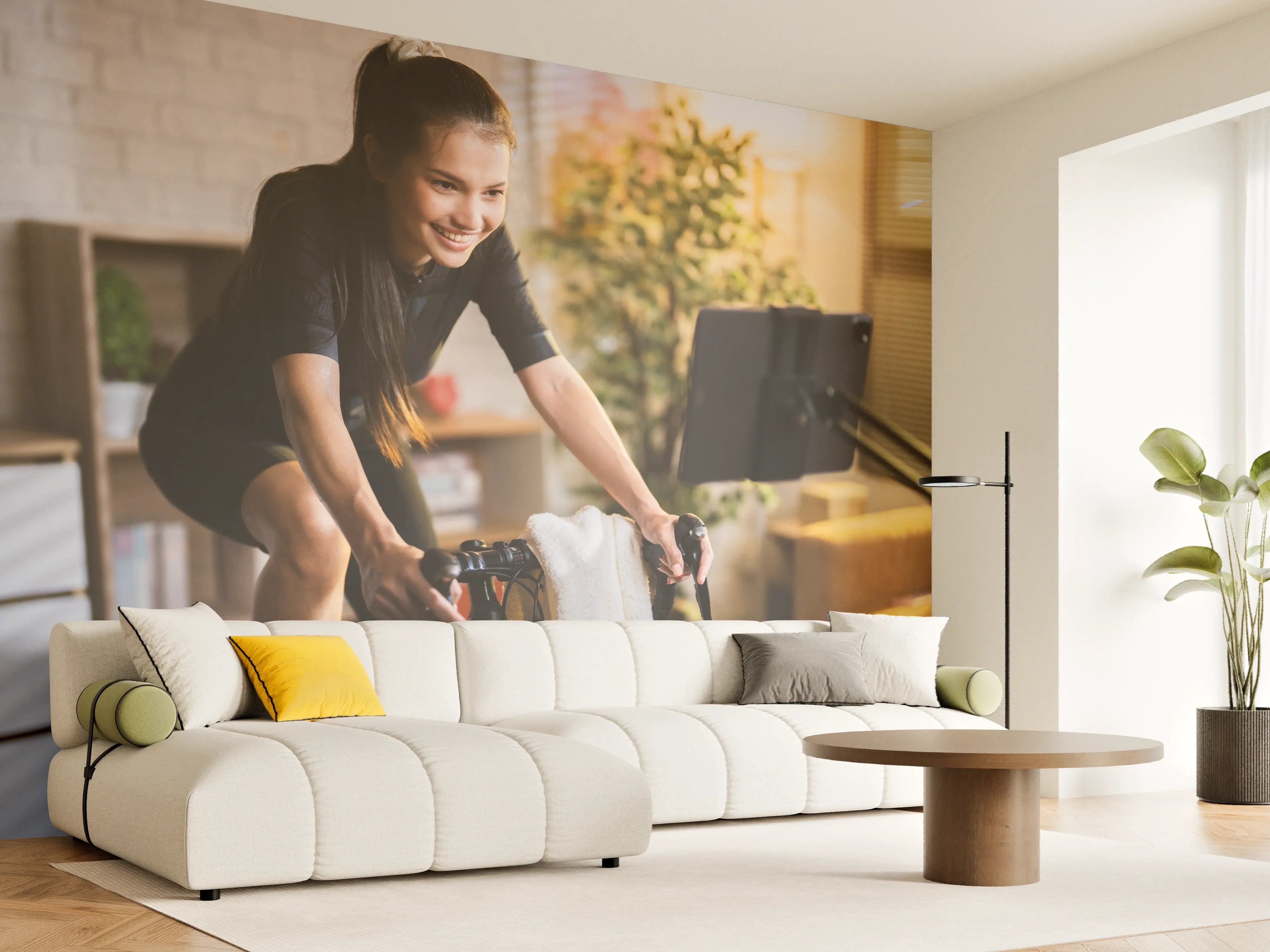 Wandverkleidung Wohnzimmer - Asiatische Radfahrerin