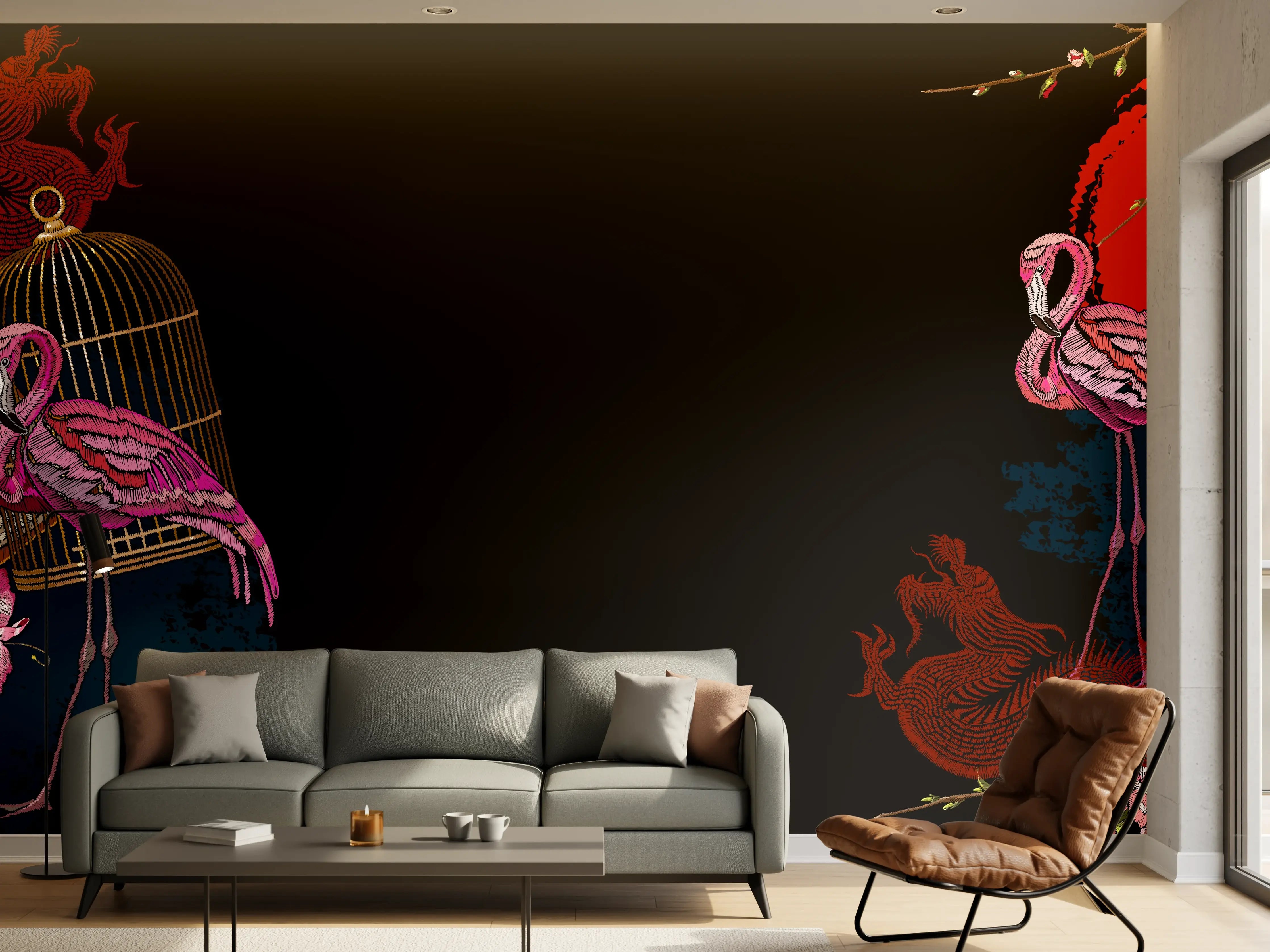 Wandverkleidung Wohnzimmer - Asiatischer Flamingo Drachenfächer