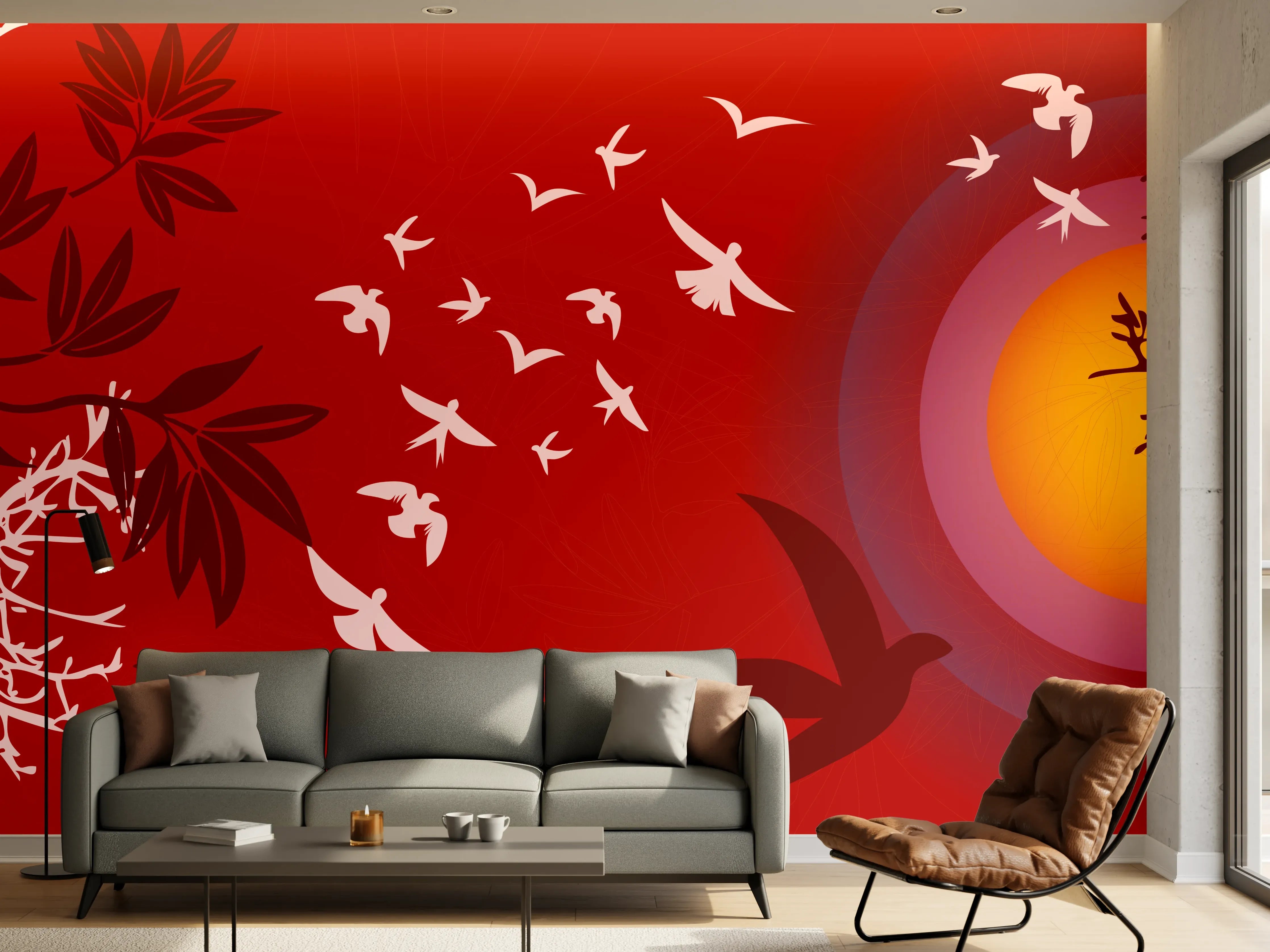 Wandverkleidung Wohnzimmer - Asiatischer Sonnenuntergang Rot