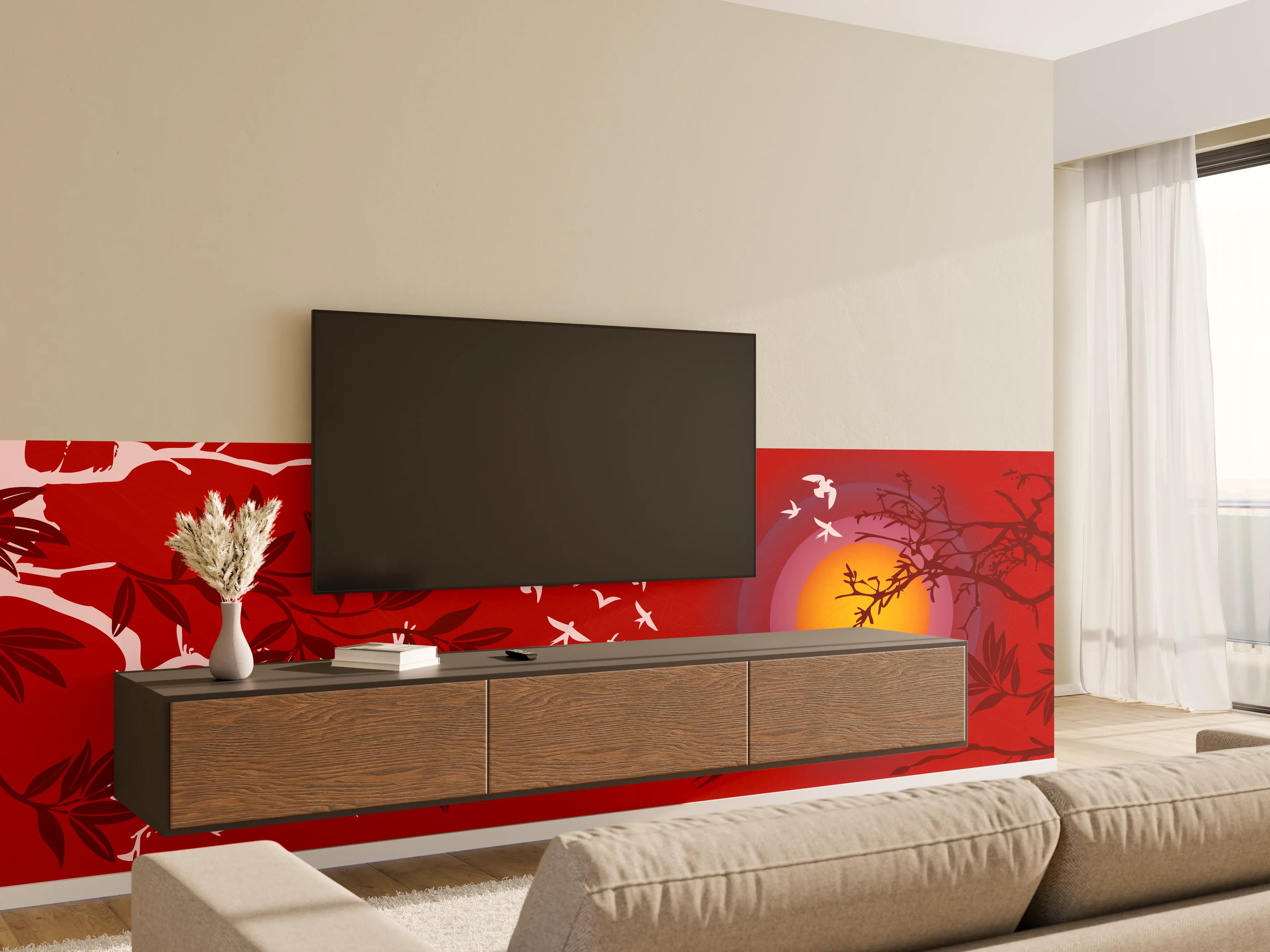 Wandverkleidung Wohnzimmer - Asiatischer Sonnenuntergang Rot