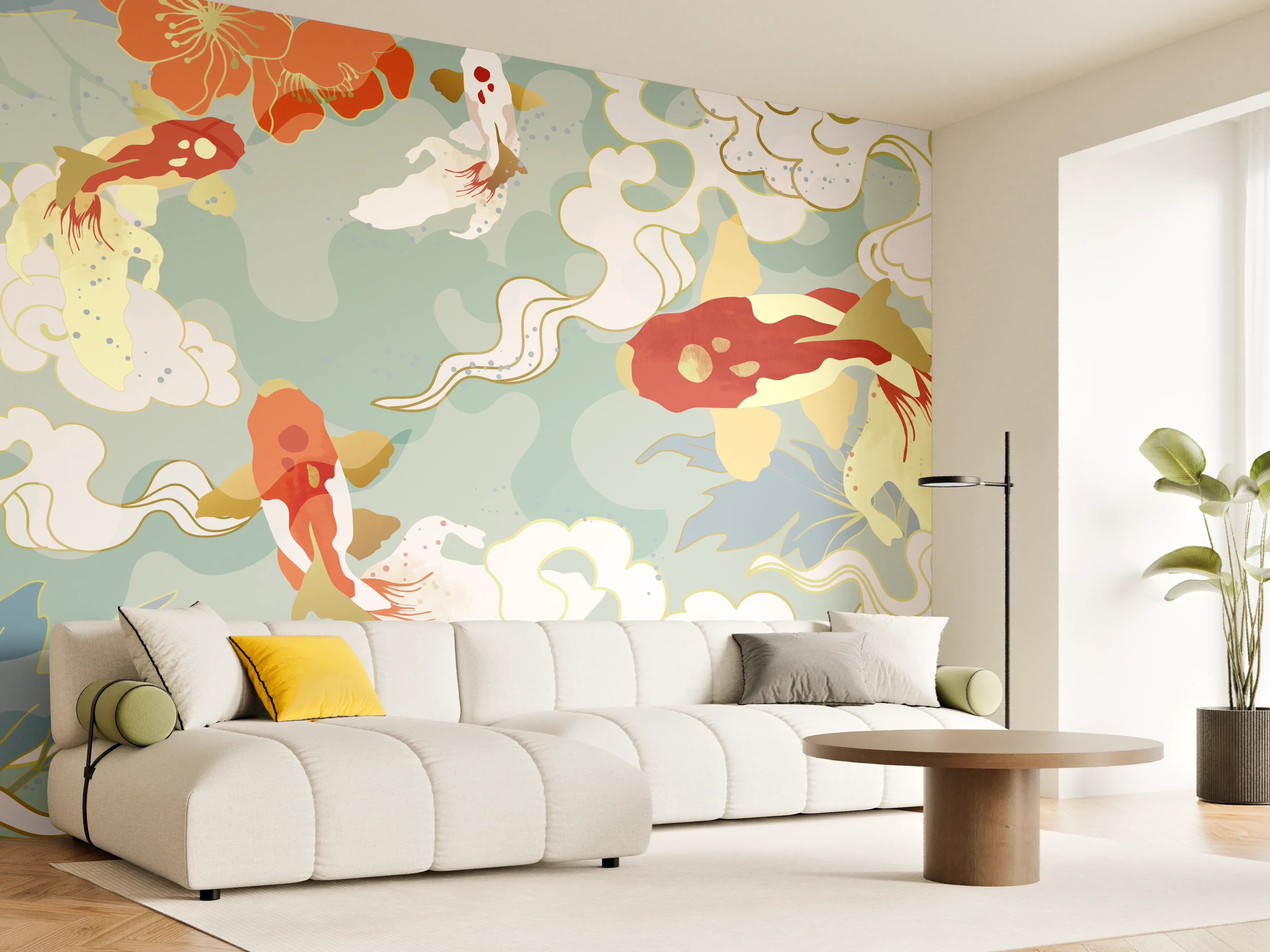Wandverkleidung Wohnzimmer - Asiatisches Koi-Karpfen-Muster