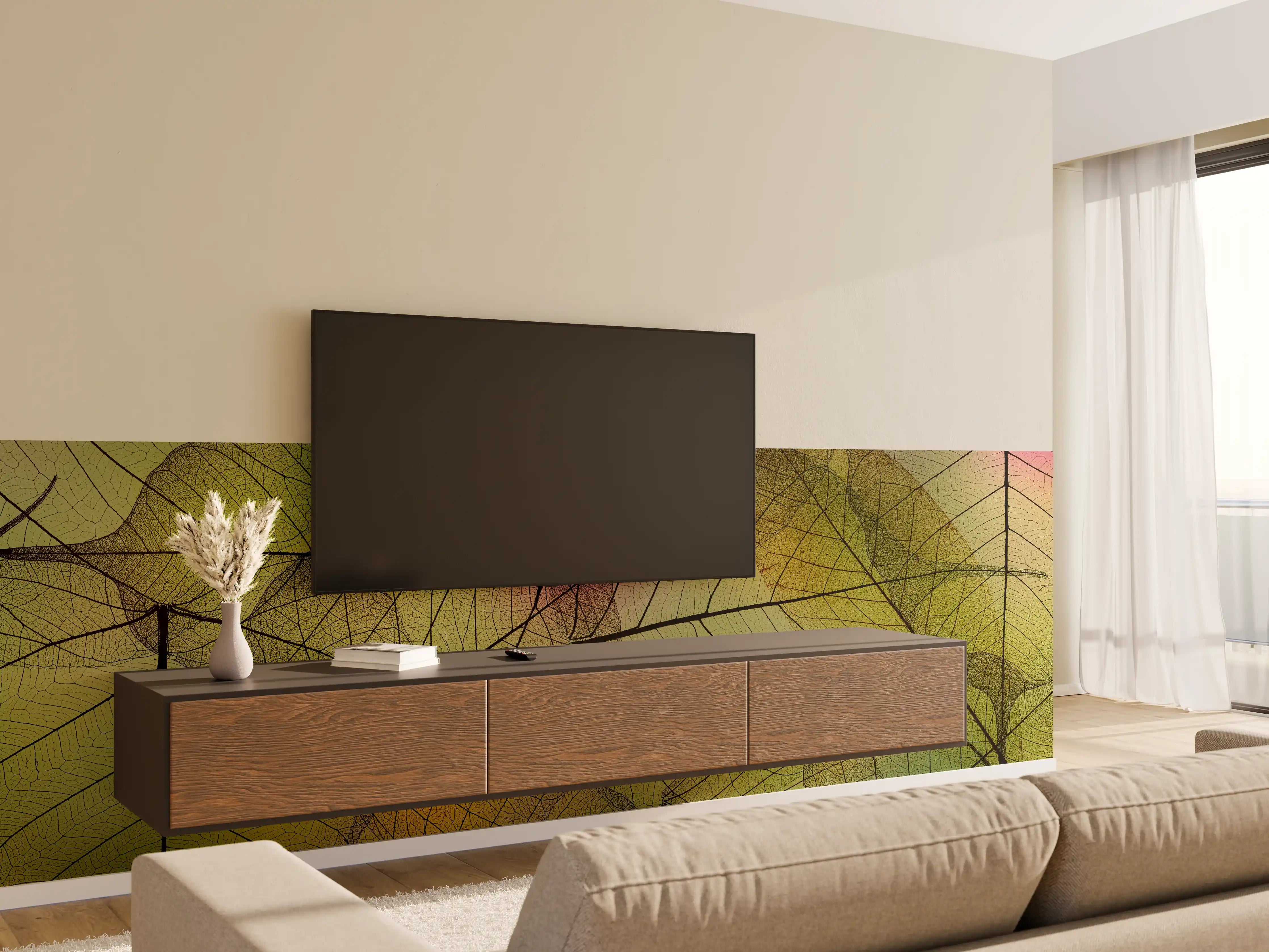 Wandverkleidung Wohnzimmer - Ästhetische Blätter in Pastellfarben