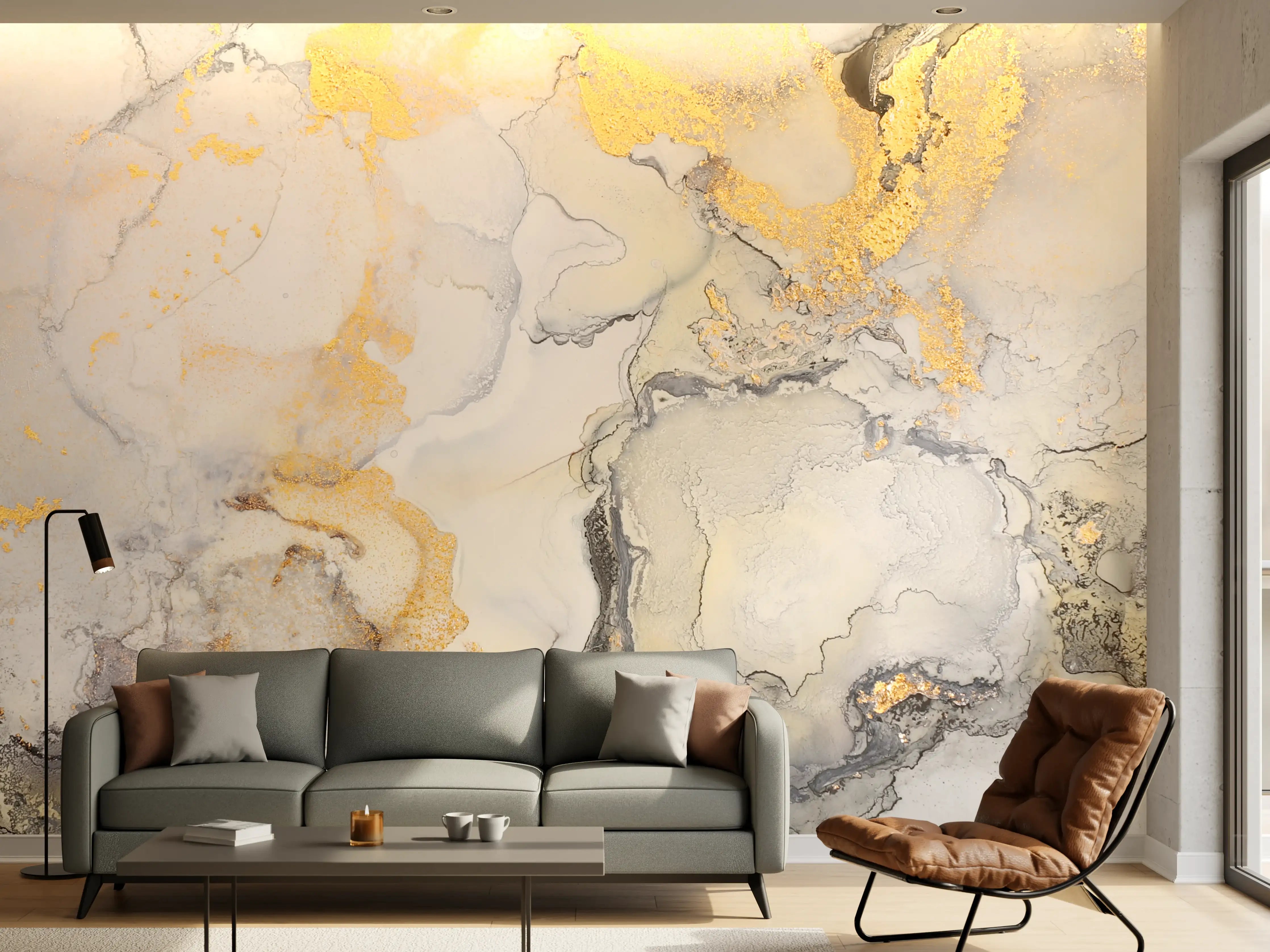 Wandverkleidung Wohnzimmer - Ästhetisches Wasserfarbenkunstwerk mit Goldakzenten