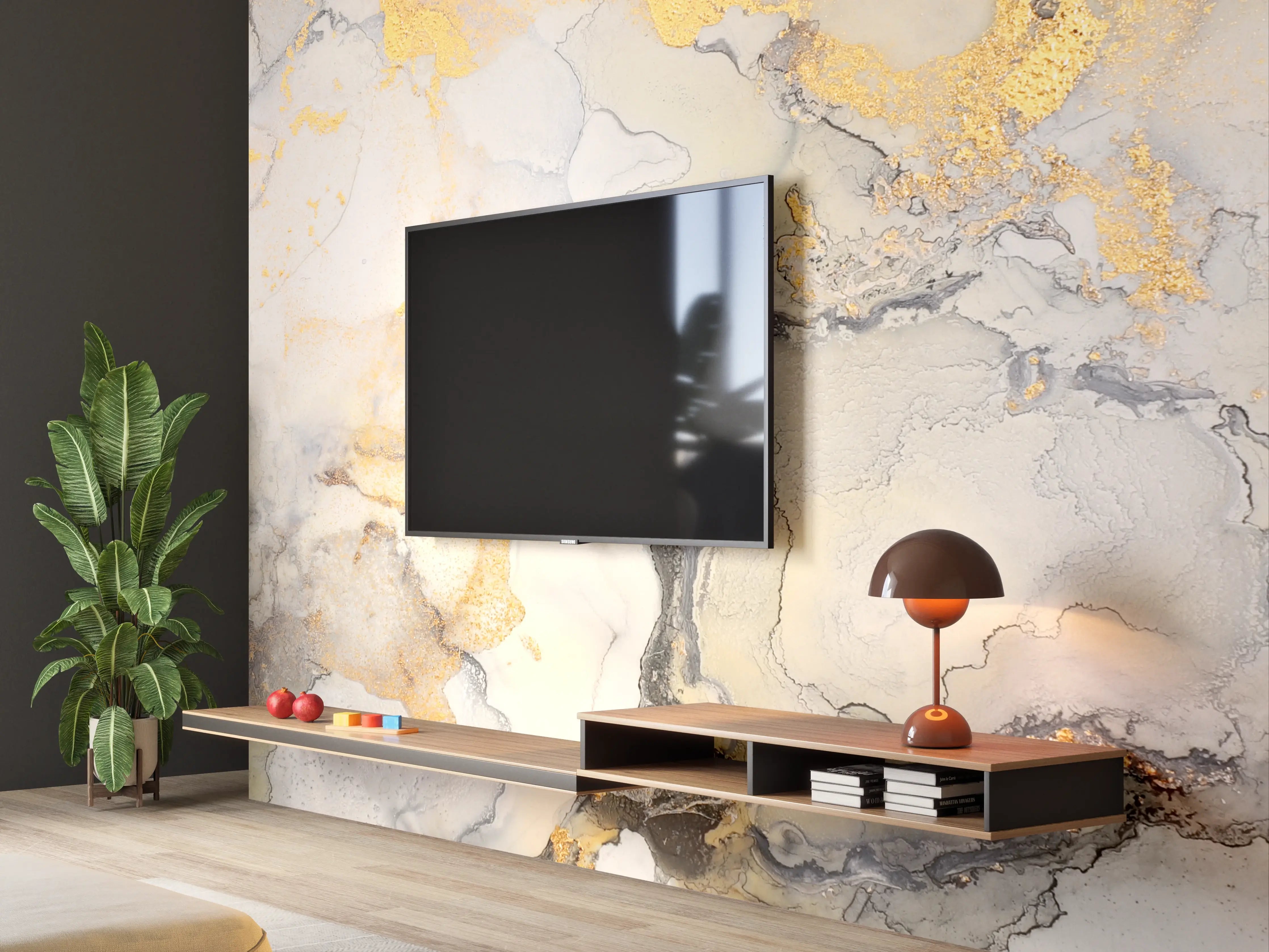 Wandverkleidung Wohnzimmer - Ästhetisches Wasserfarbenkunstwerk mit Goldakzenten