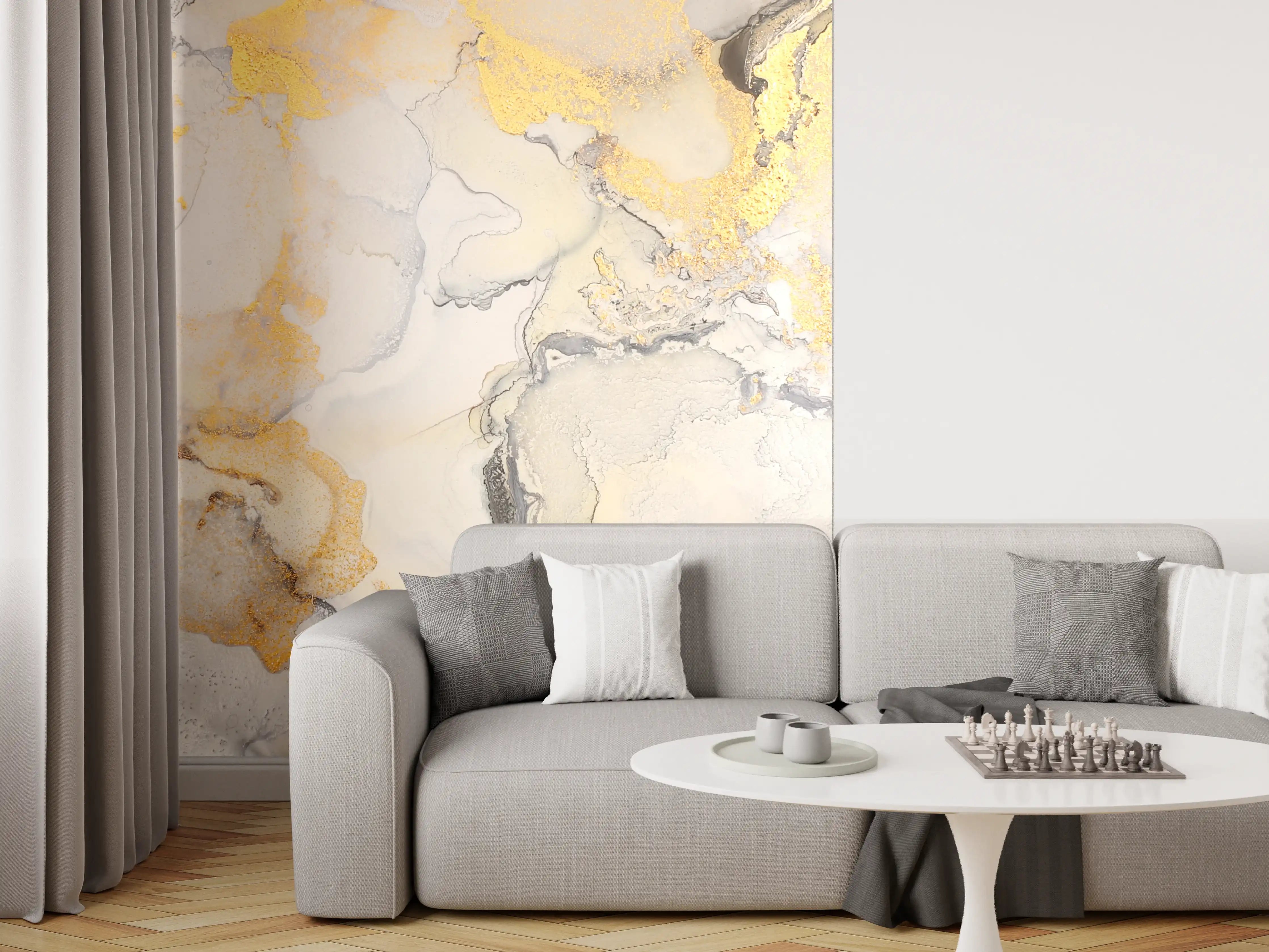 Wandverkleidung Wohnzimmer - Ästhetisches Wasserfarbenkunstwerk mit Goldakzenten