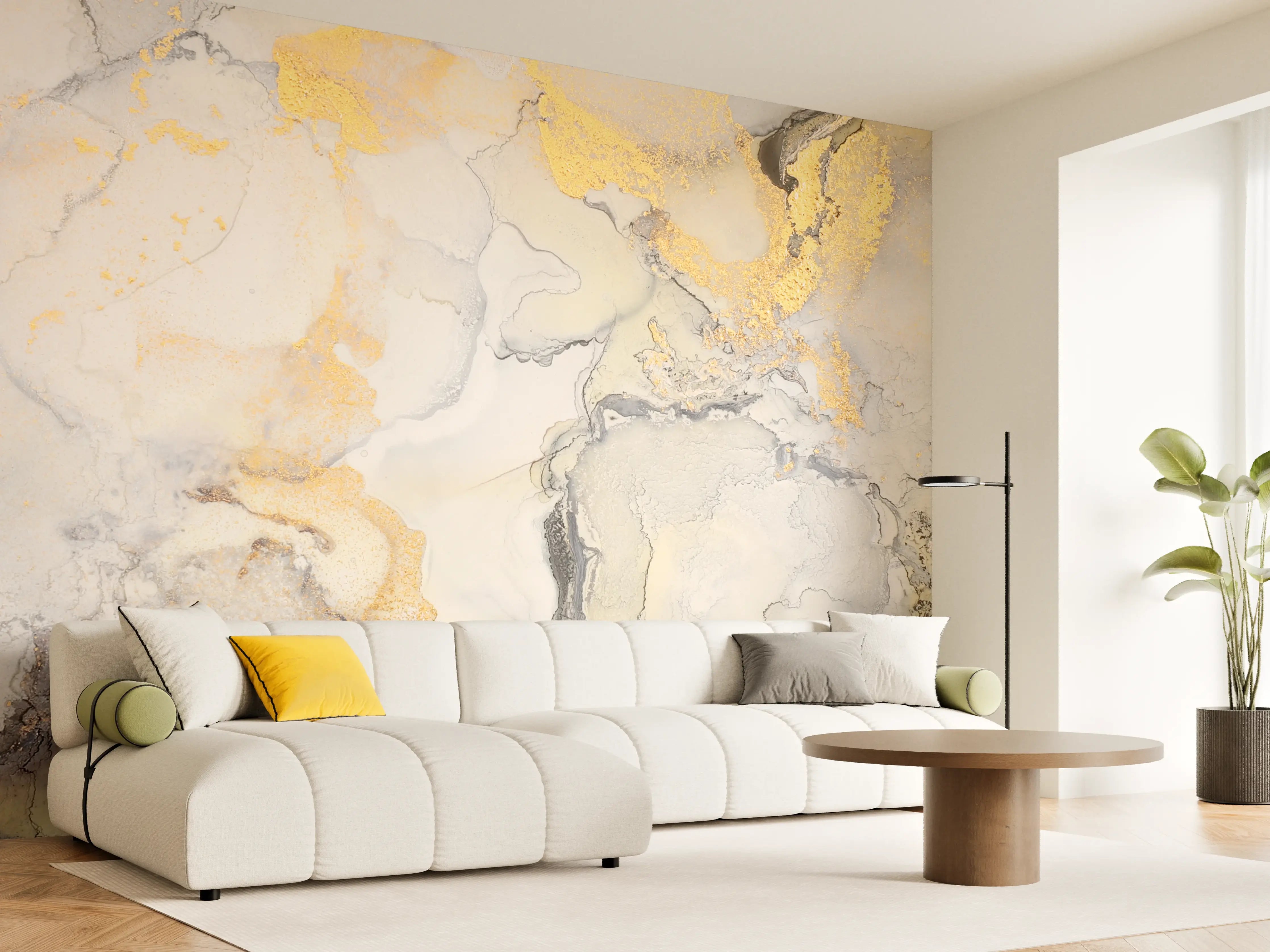 Wandverkleidung Wohnzimmer - Ästhetisches Wasserfarbenkunstwerk mit Goldakzenten