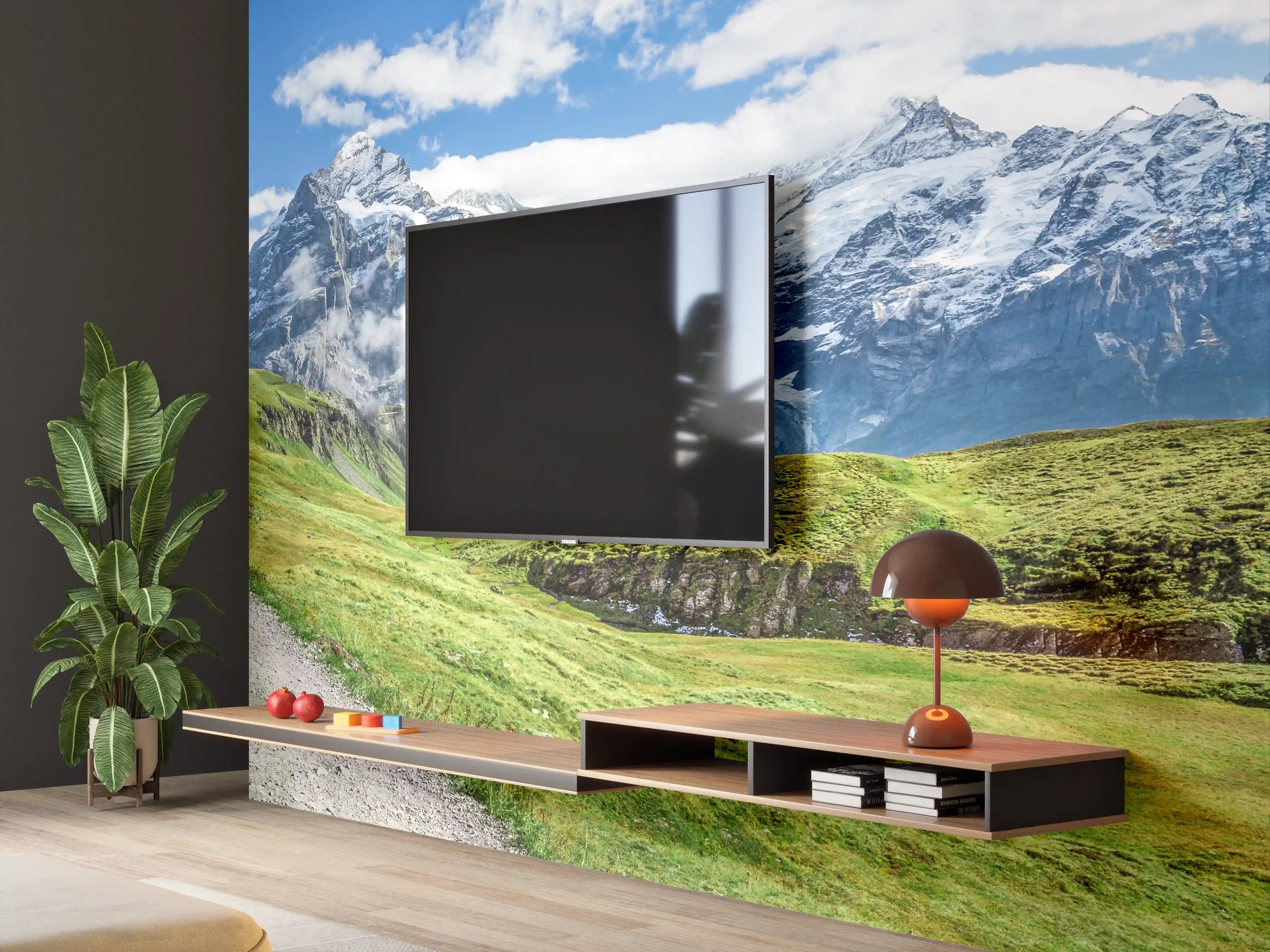 Wandverkleidung Wohnzimmer - Atemberaubende Berglandschaft mit Weg