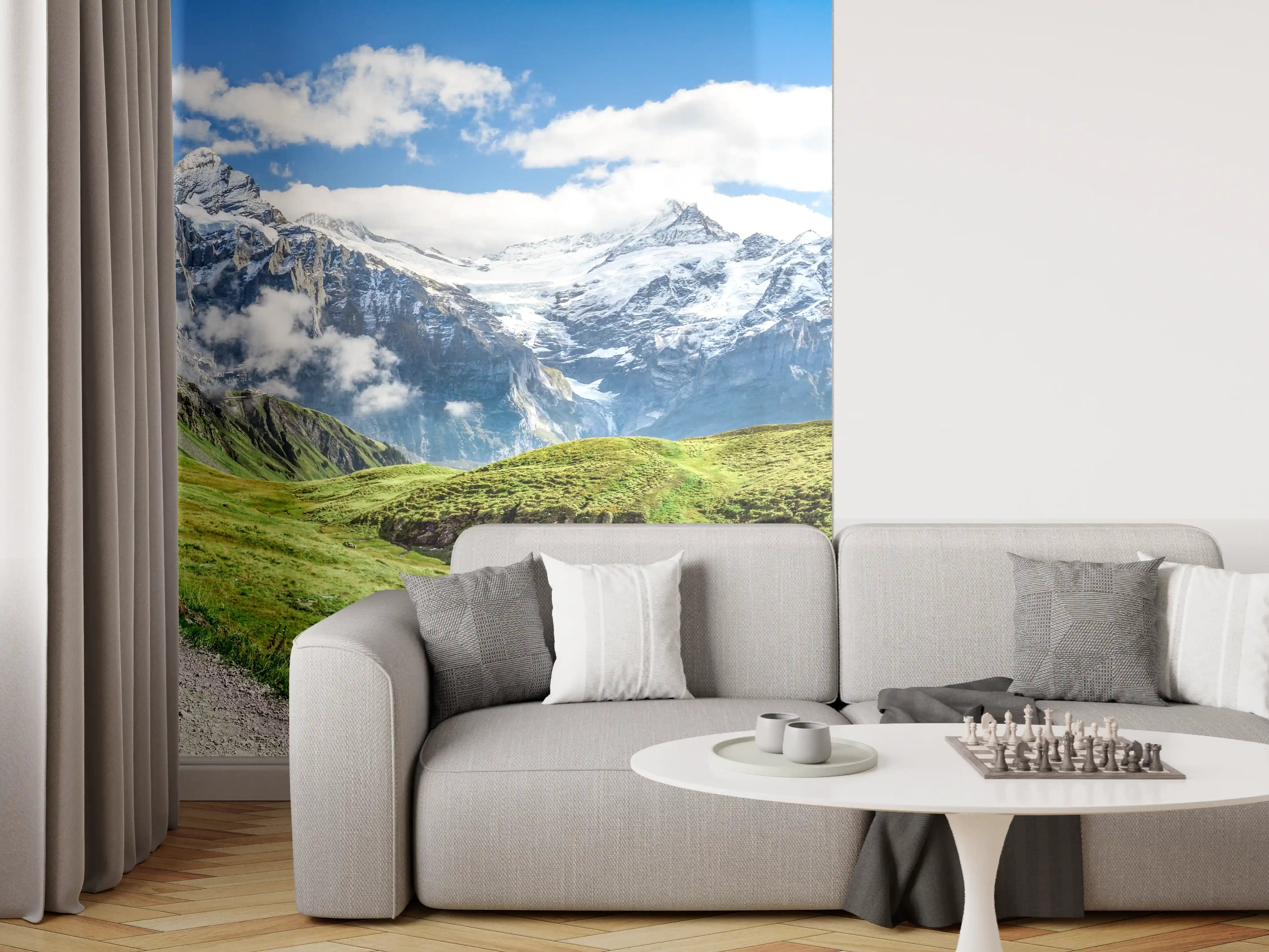 Wandverkleidung Wohnzimmer - Atemberaubende Berglandschaft mit Weg