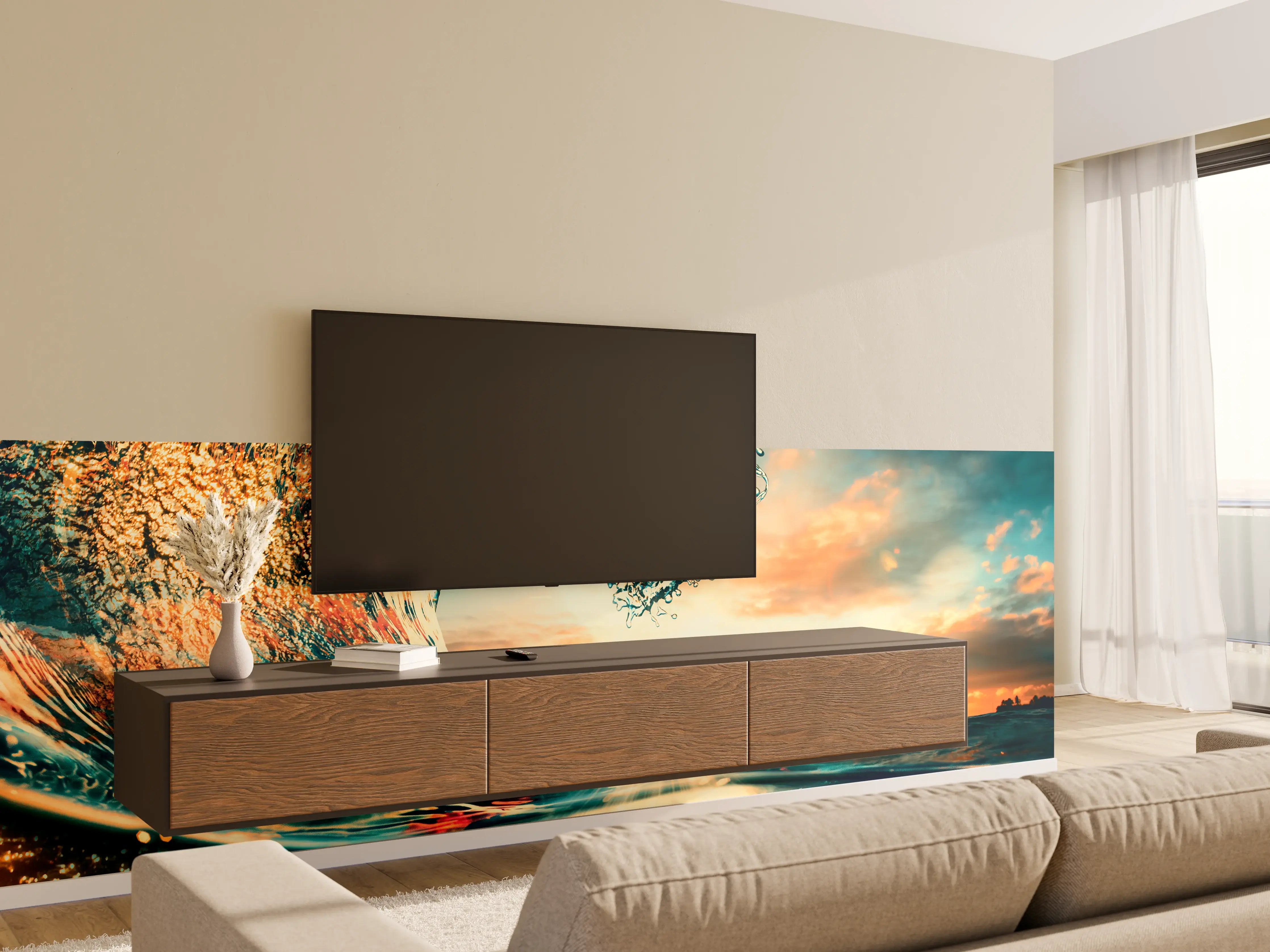 Wandverkleidung Wohnzimmer - Atemberaubende Meereswelle bei Sonnenuntergang