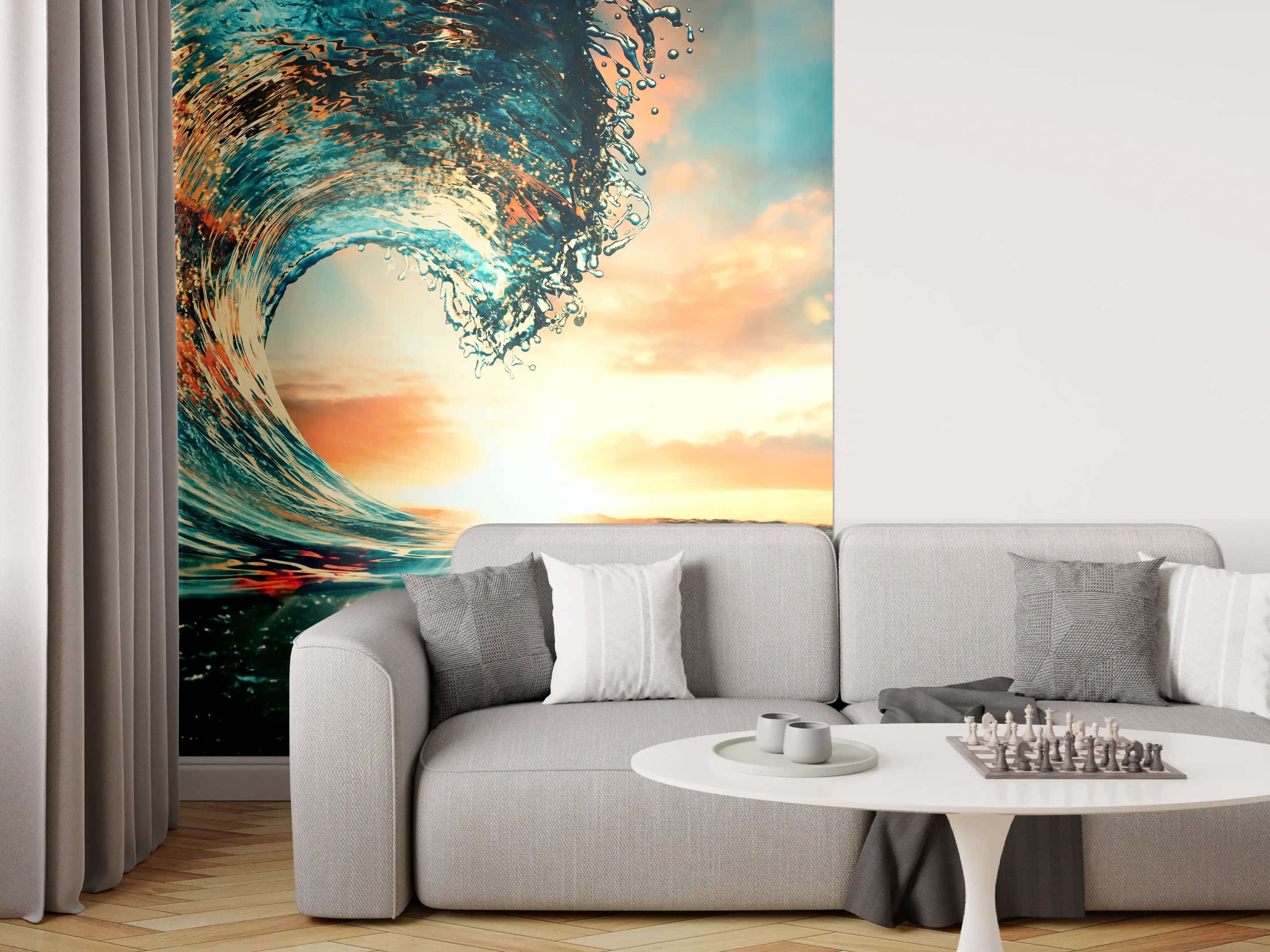 Wandverkleidung Wohnzimmer - Atemberaubende Meereswelle bei Sonnenuntergang