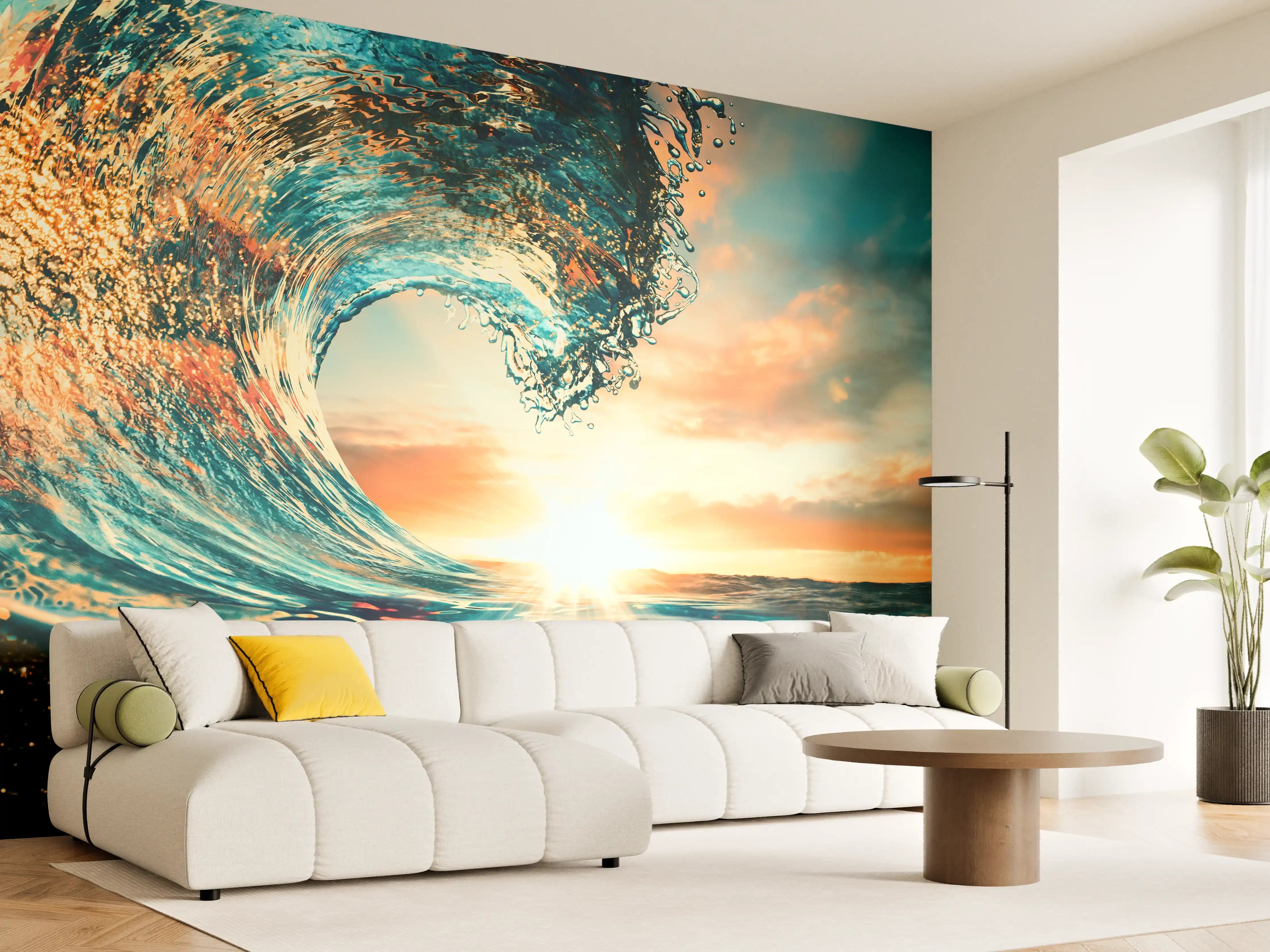 Wandverkleidung Wohnzimmer - Atemberaubende Meereswelle bei Sonnenuntergang
