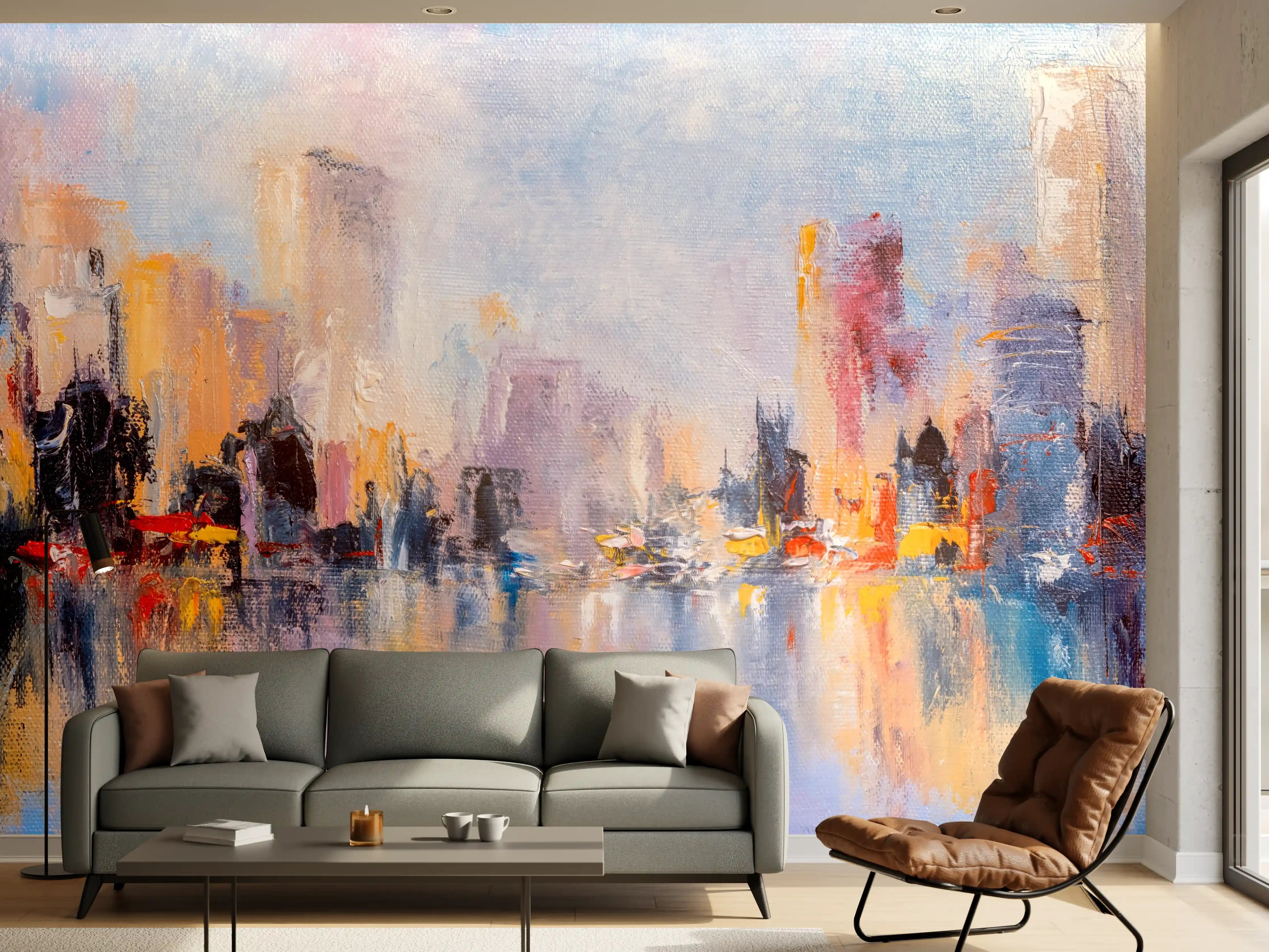 Wandverkleidung Wohnzimmer - Atemberaubende Skyline in Acryl