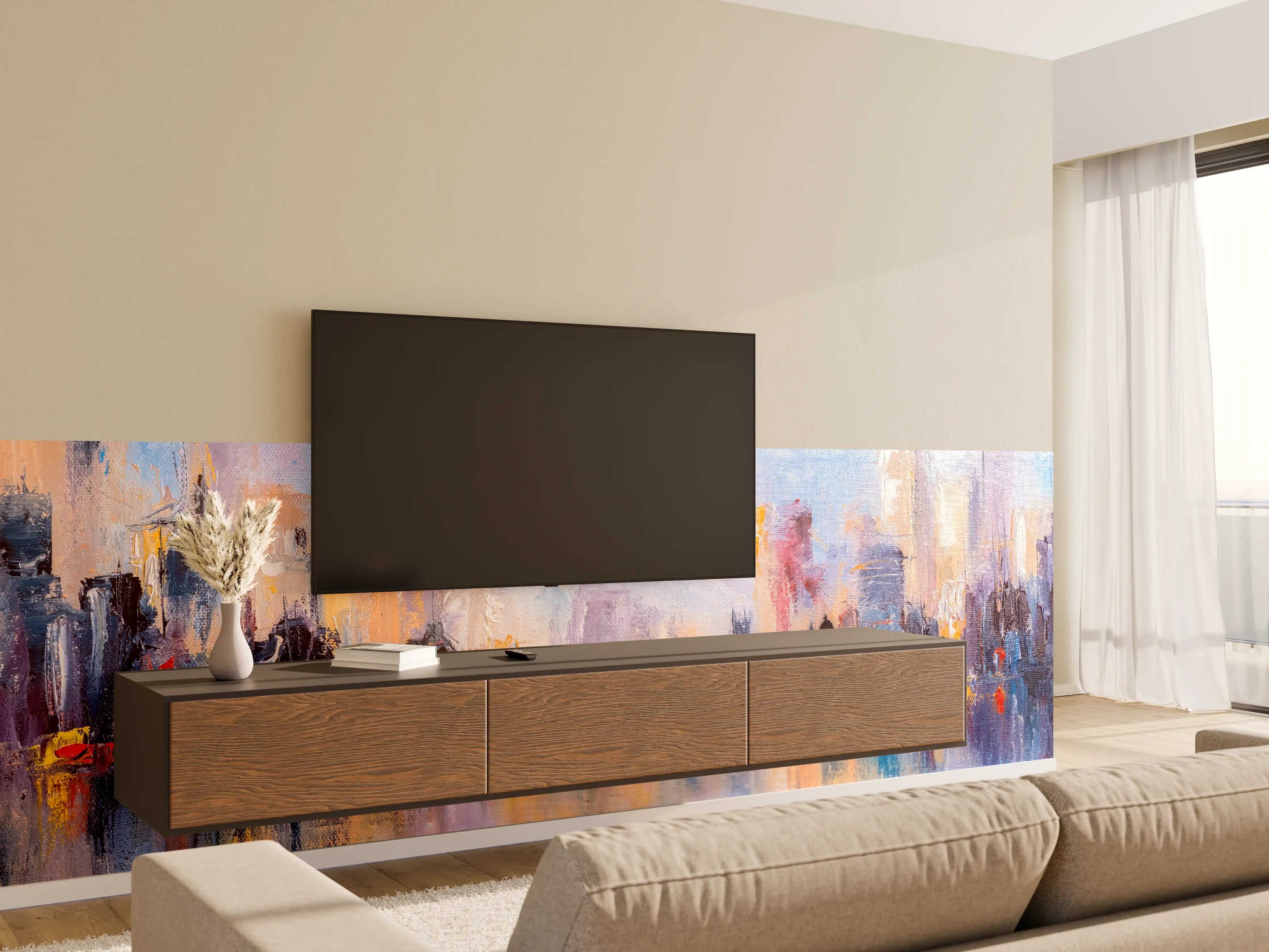 Wandverkleidung Wohnzimmer - Atemberaubende Skyline in Acryl