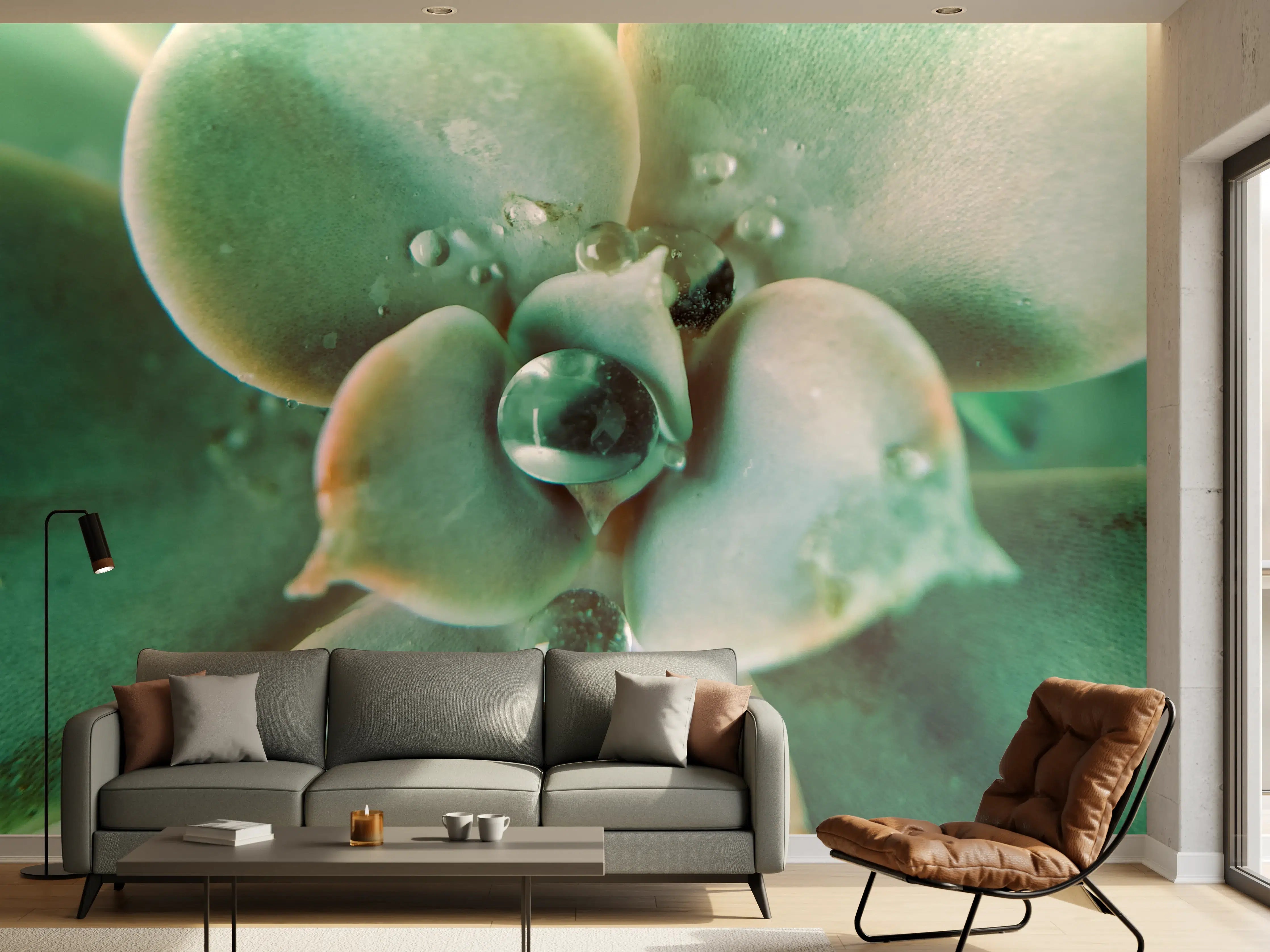 Wandverkleidung Wohnzimmer - Atemberaubende Sukkulente mit Wassertropfen