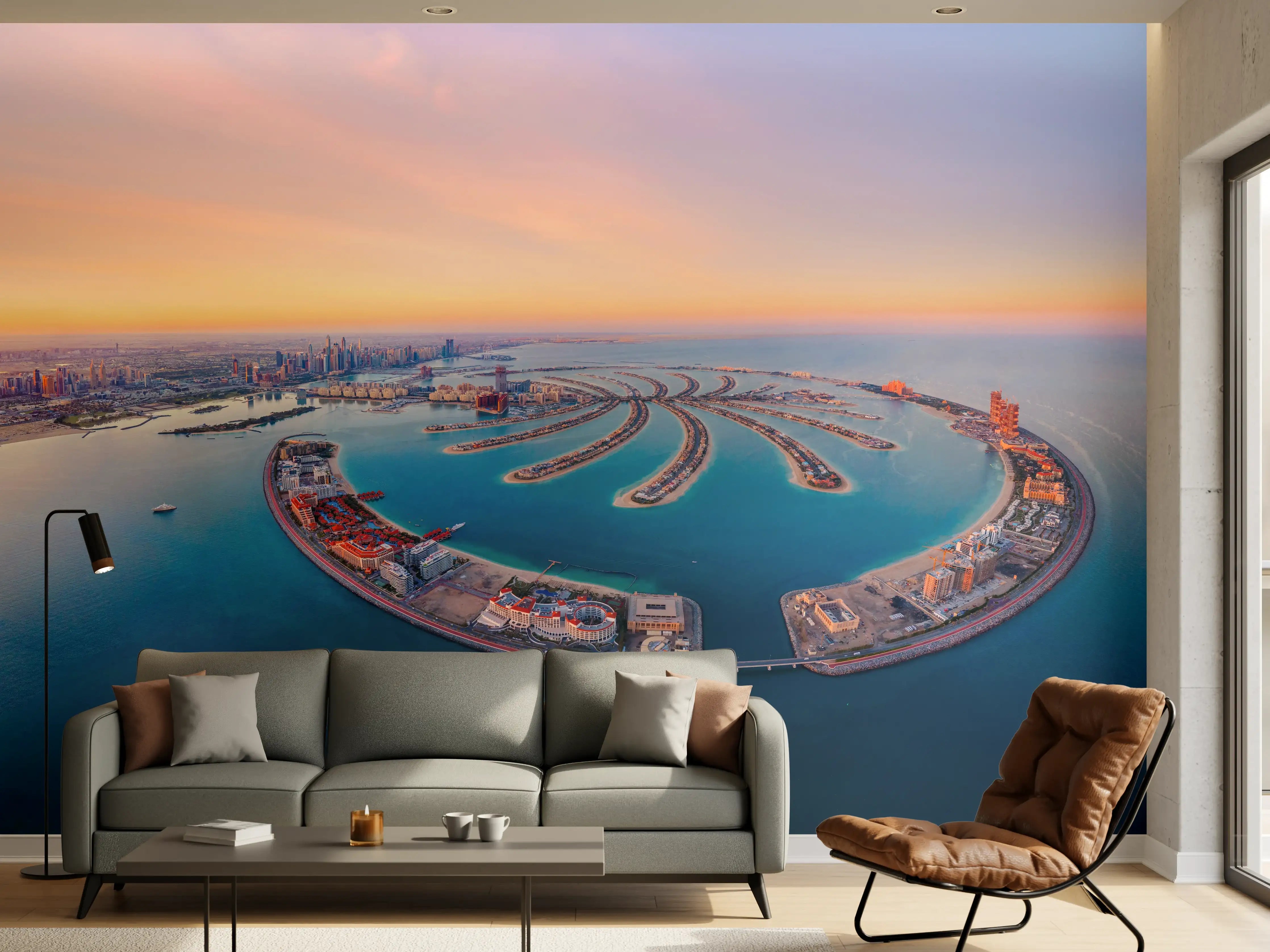 Wandverkleidung Wohnzimmer - Atemberaubender Blick auf Dubai Creek mit Palm Jumeirah