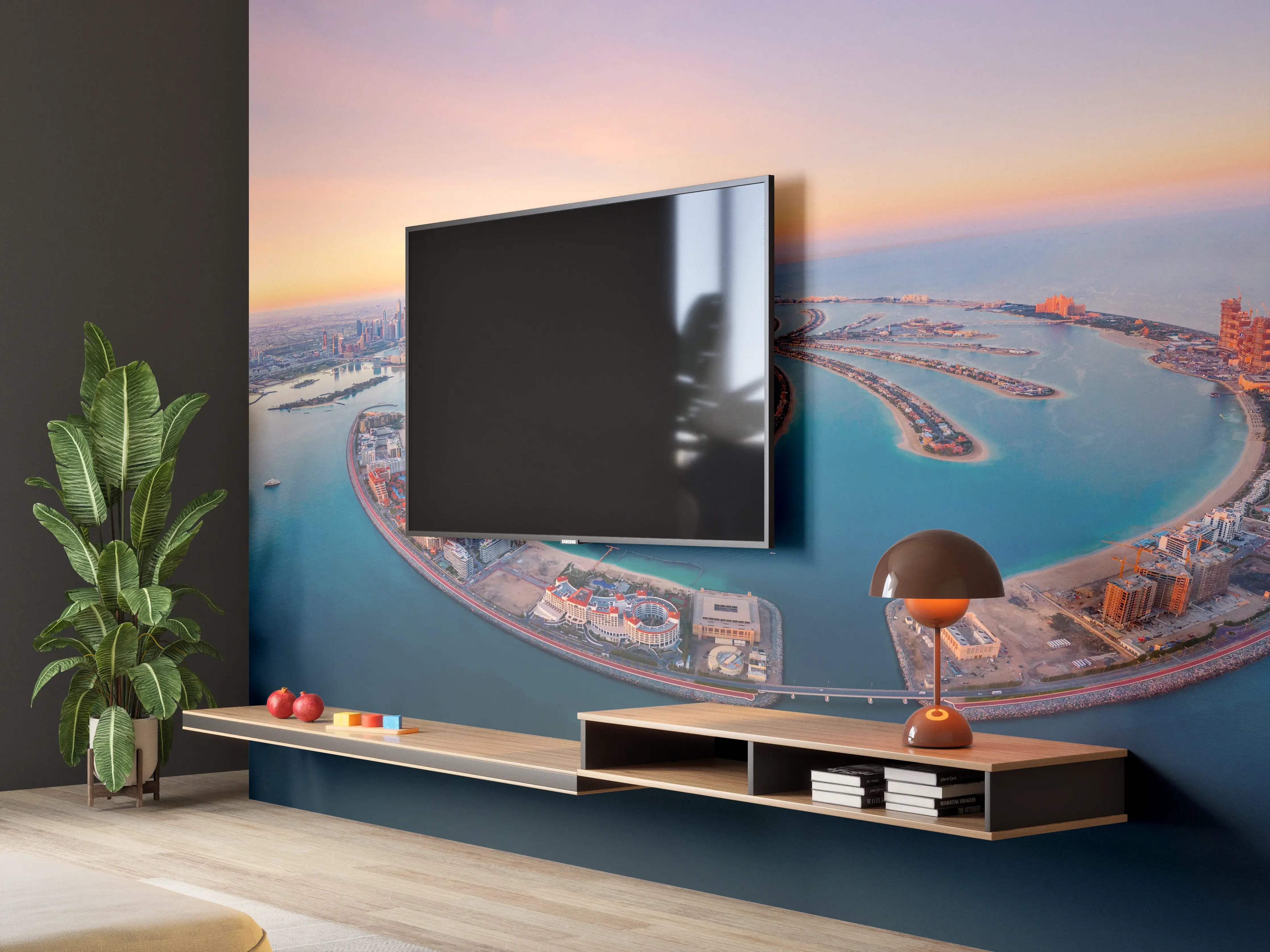 Wandverkleidung Wohnzimmer - Atemberaubender Blick auf Dubai Creek mit Palm Jumeirah