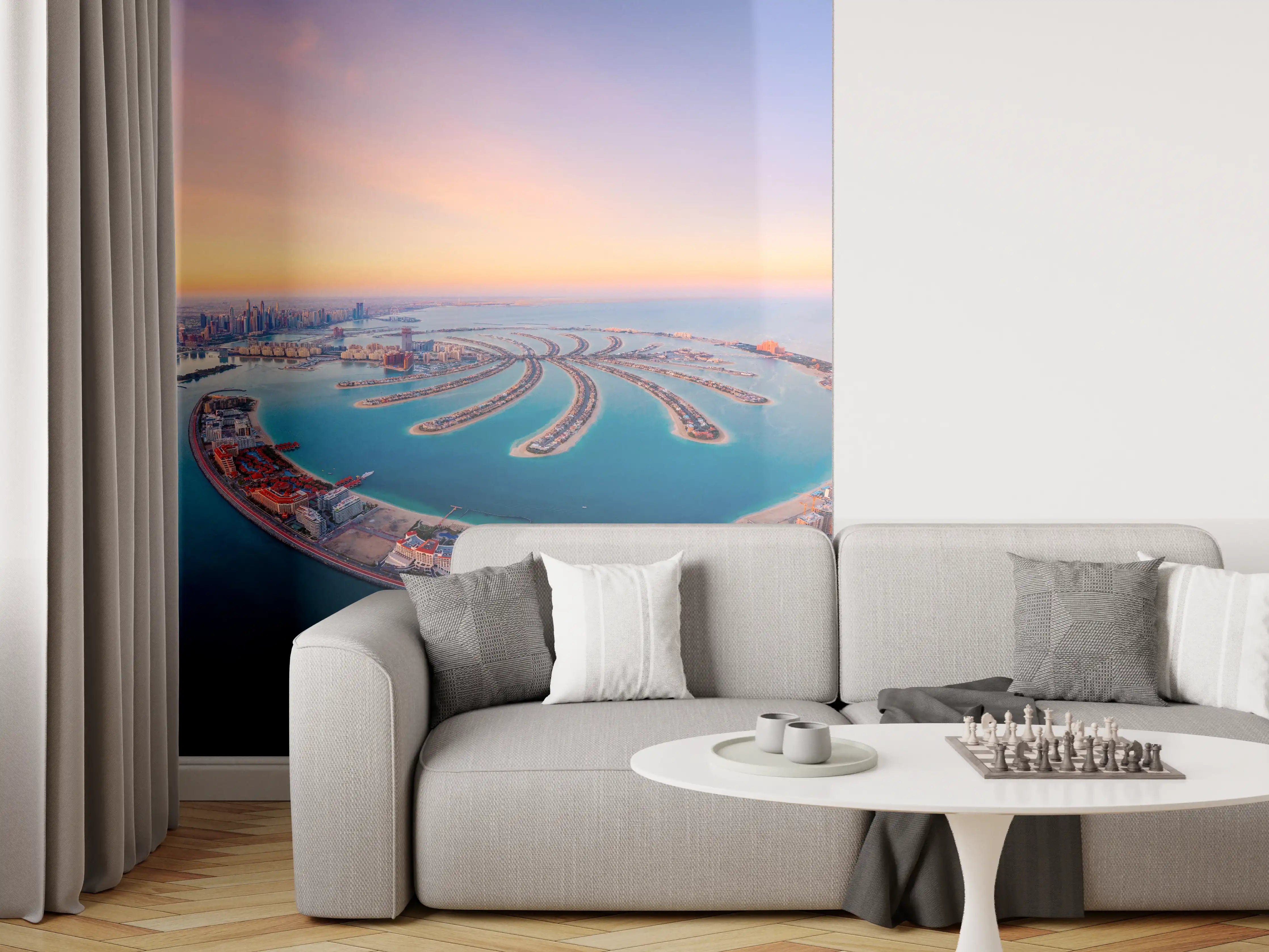 Wandverkleidung Wohnzimmer - Atemberaubender Blick auf Dubai Creek mit Palm Jumeirah