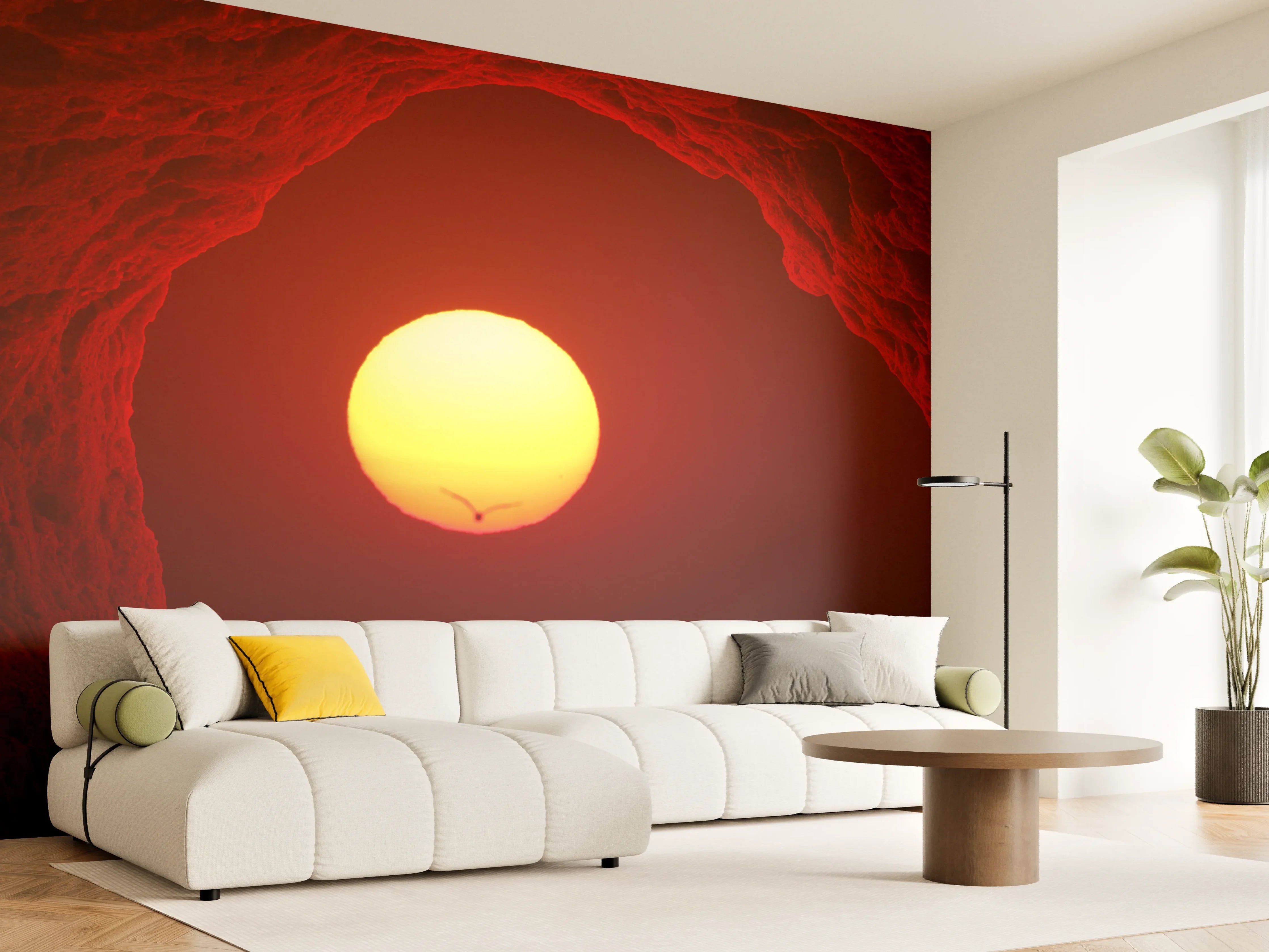 Wandverkleidung Wohnzimmer - Atemberaubender Sonnenuntergang in einer roten Höhle