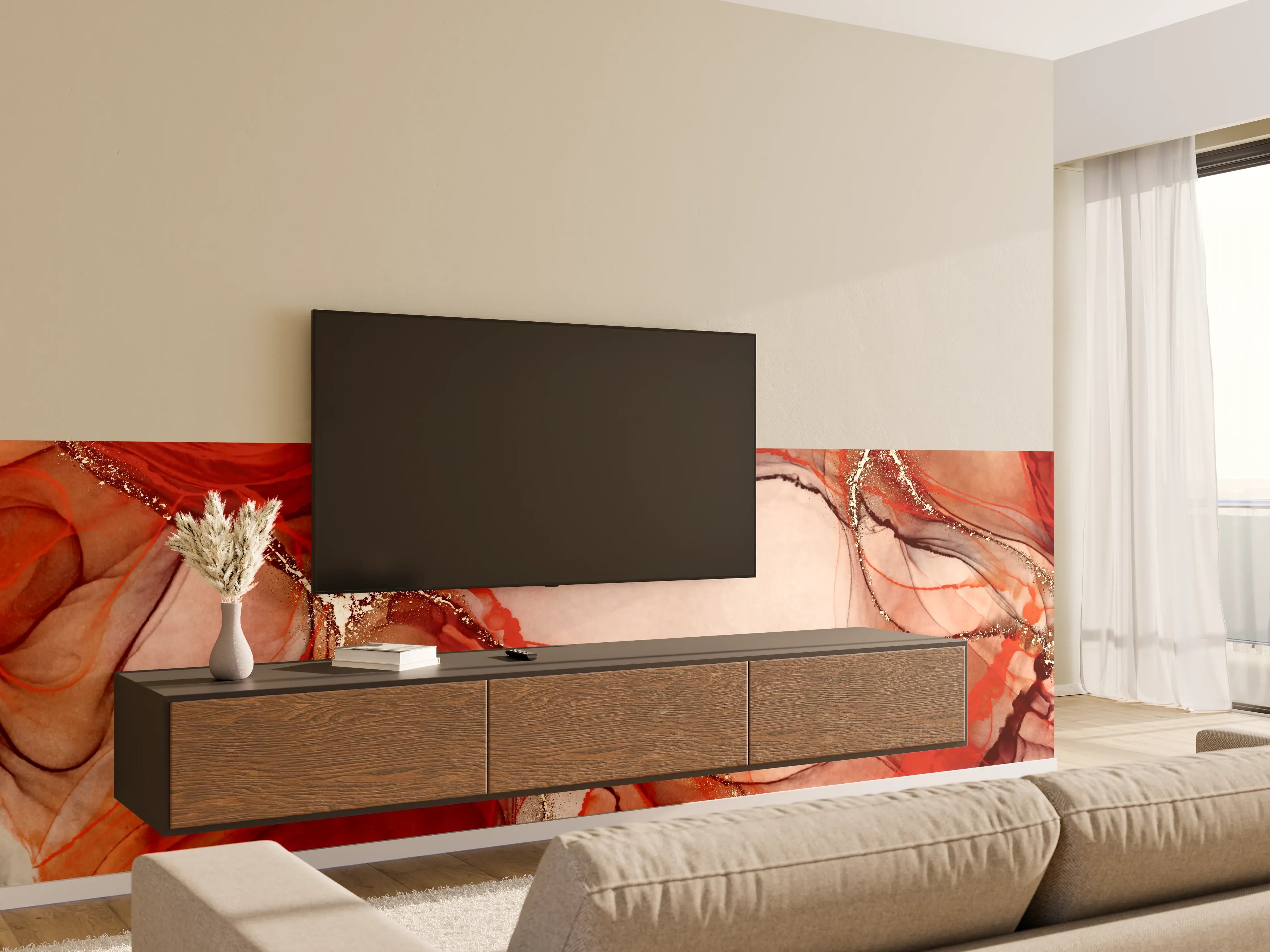Wandverkleidung Wohnzimmer - Atemberaubendes rotes Seidenmuster mit Schmuckdetails