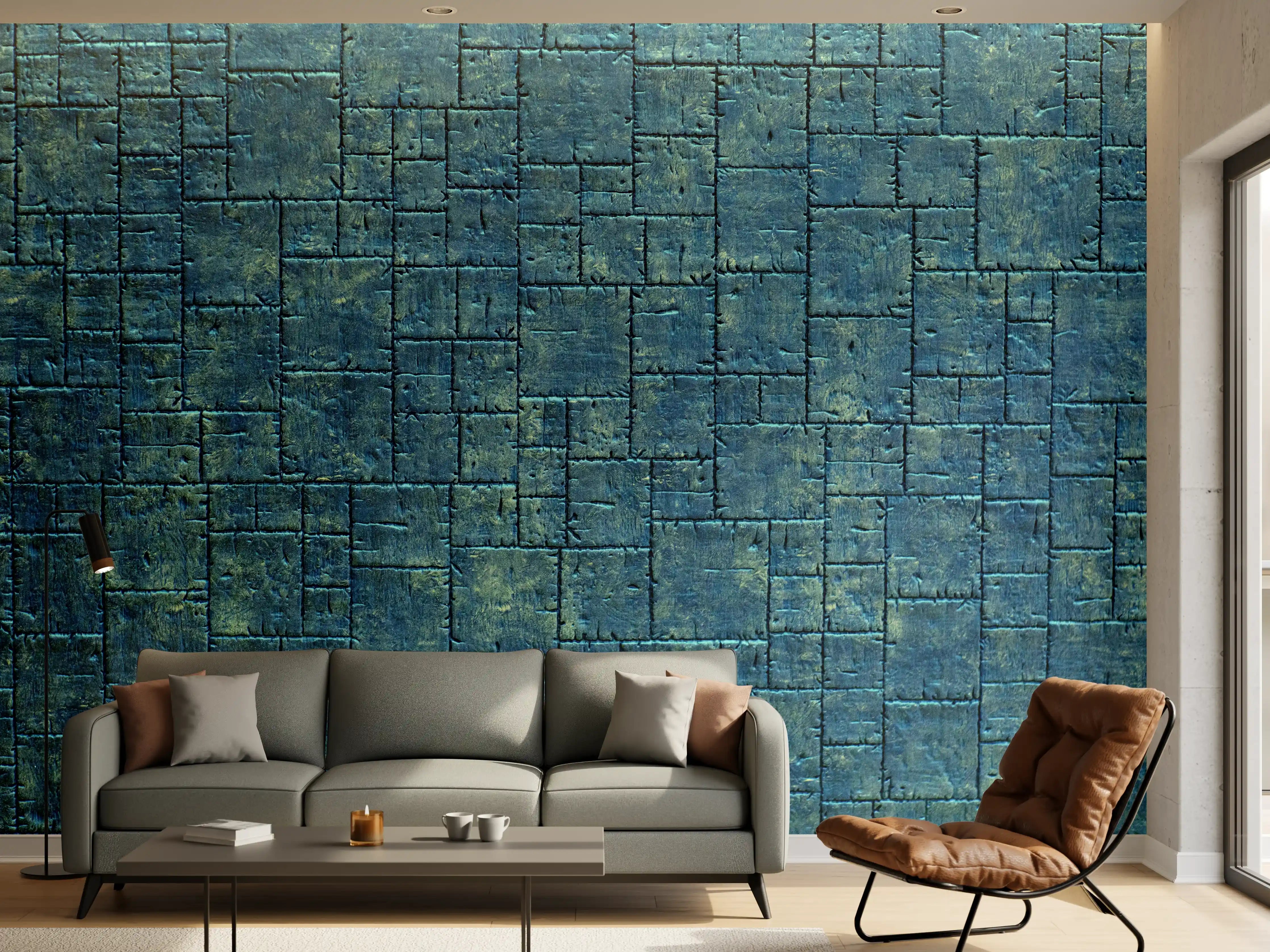 Wandverkleidung Wohnzimmer - Attraktive Pflasterstein-Muster in Blau