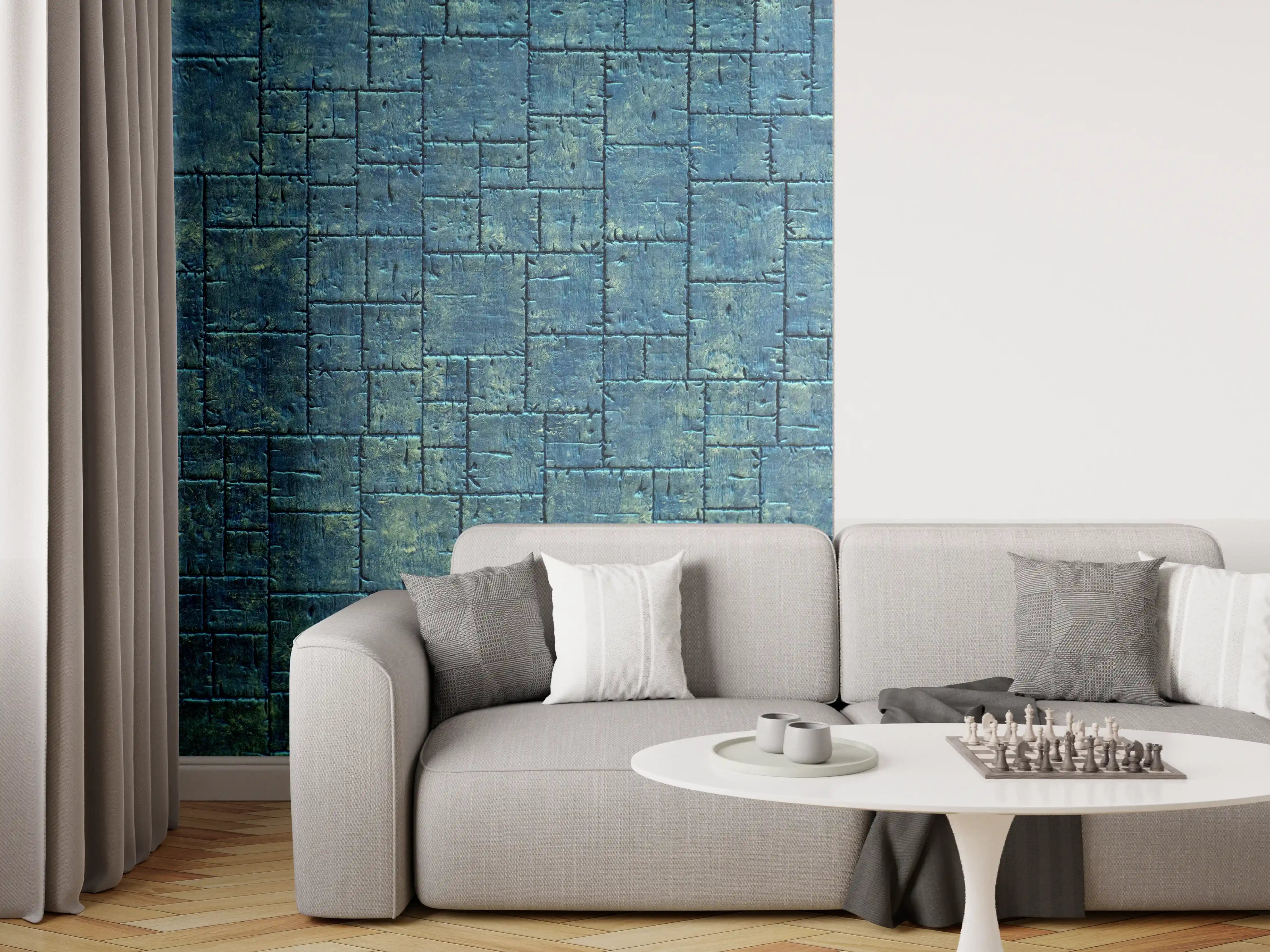 Wandverkleidung Wohnzimmer - Attraktive Pflasterstein-Muster in Blau
