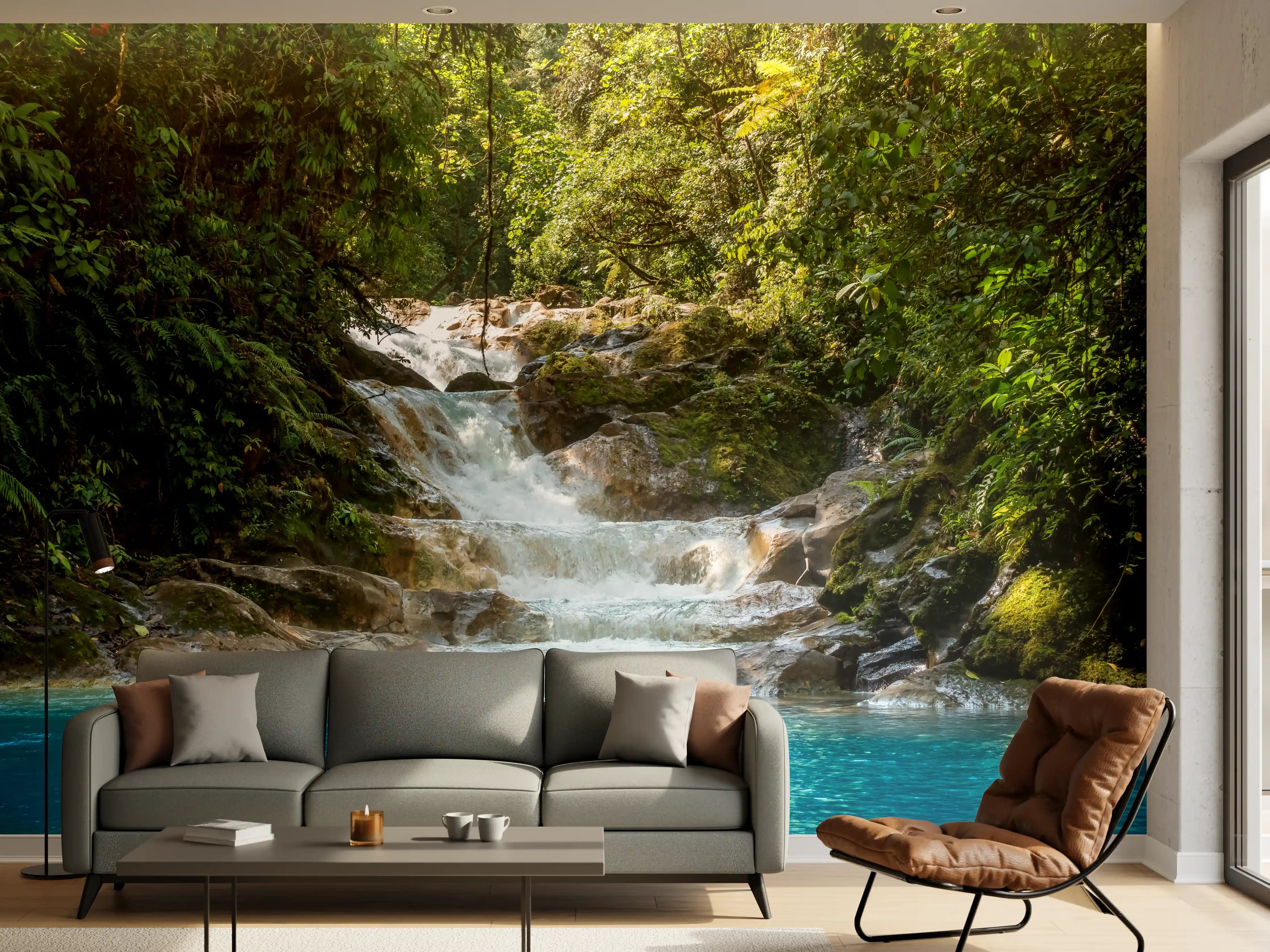 Wandverkleidung Wohnzimmer - Attraktiver Wasserfall in Naturkulisse