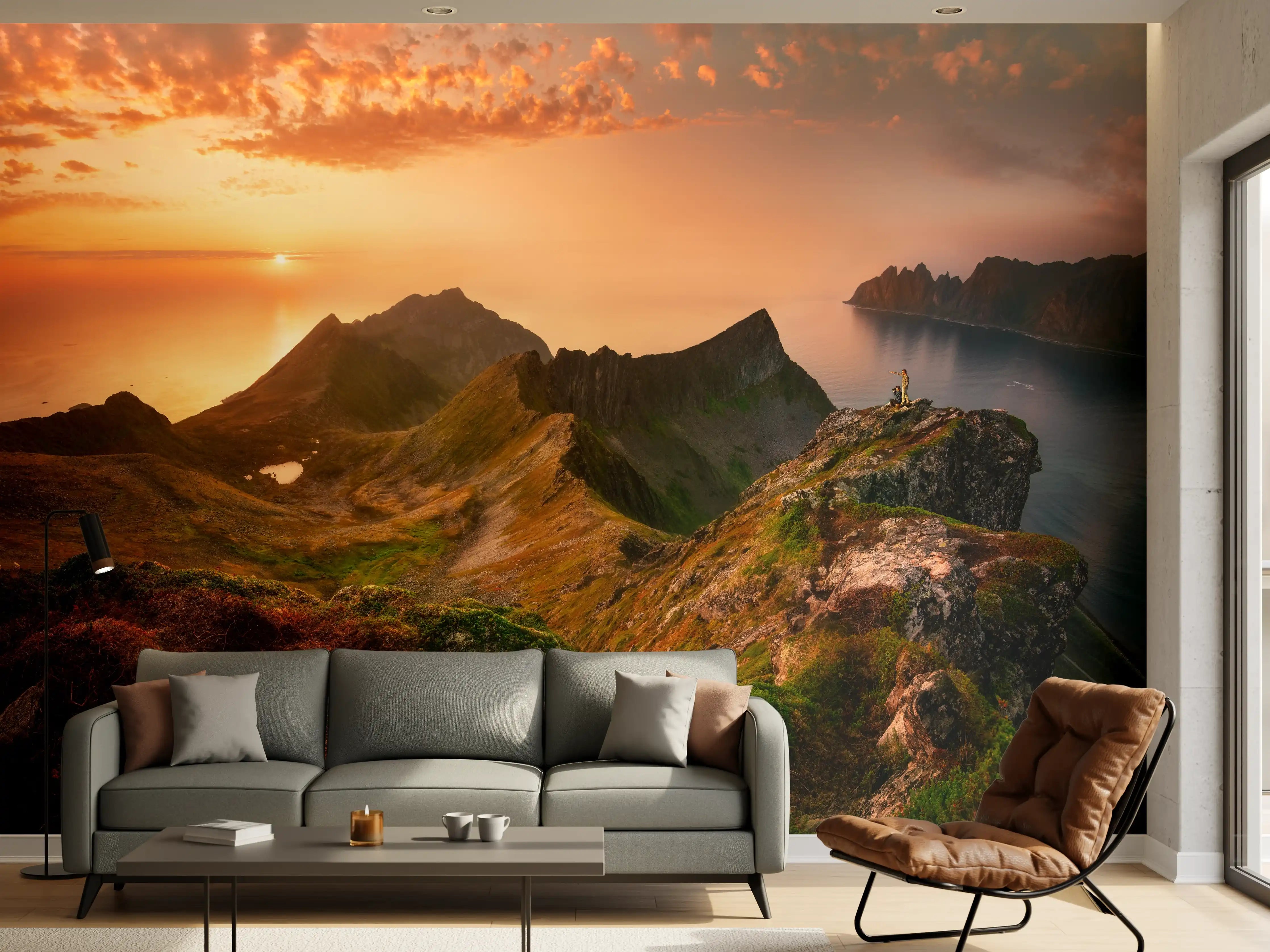 Wandverkleidung Wohnzimmer - Attraktives Bergpanorama bei Sonnenuntergang