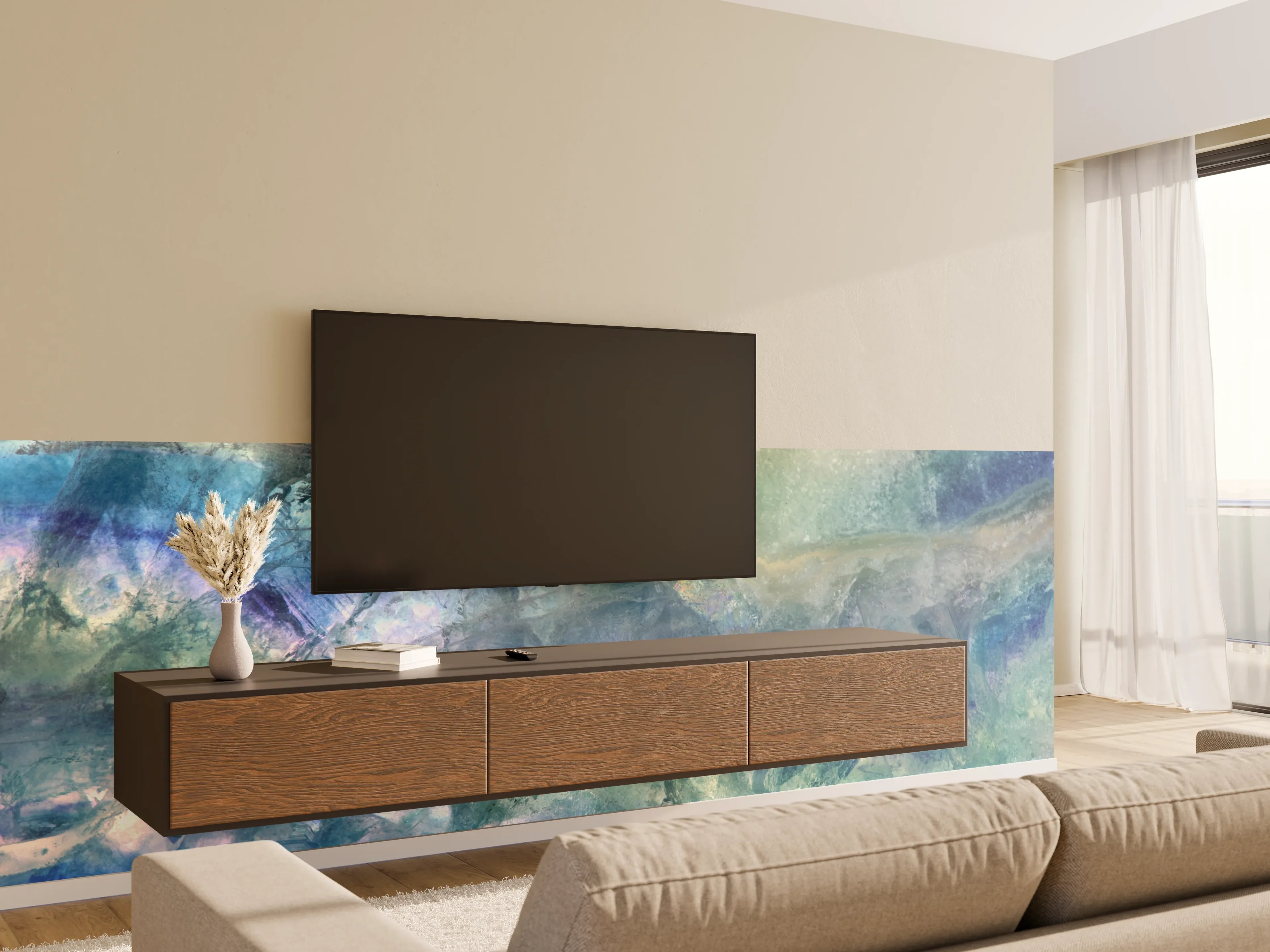 Wandverkleidung Wohnzimmer - Aurora-Effekt in sanften Blau- und Grüntönen