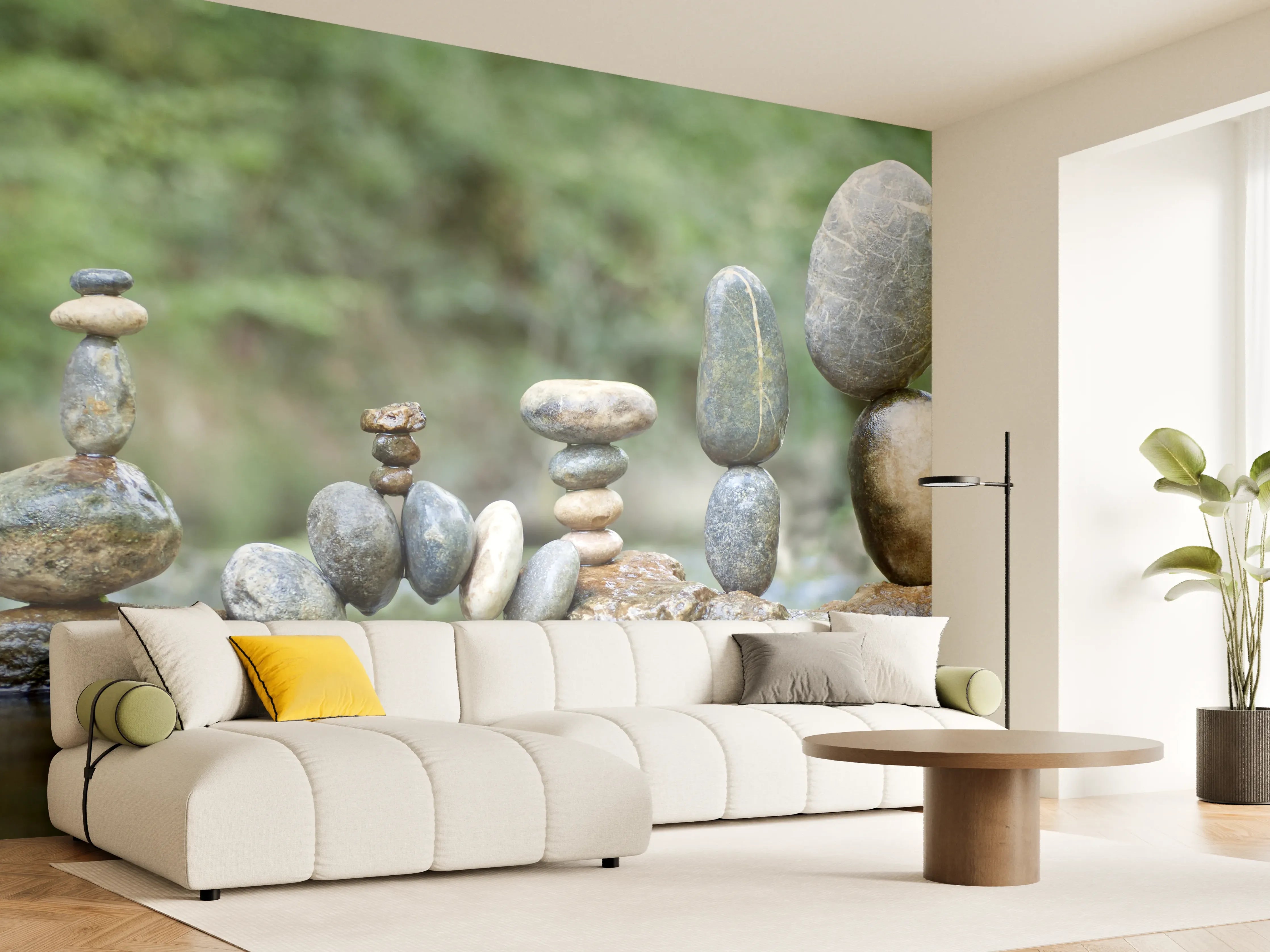 Wandverkleidung Wohnzimmer - Ausgewogene Steine im Fluss