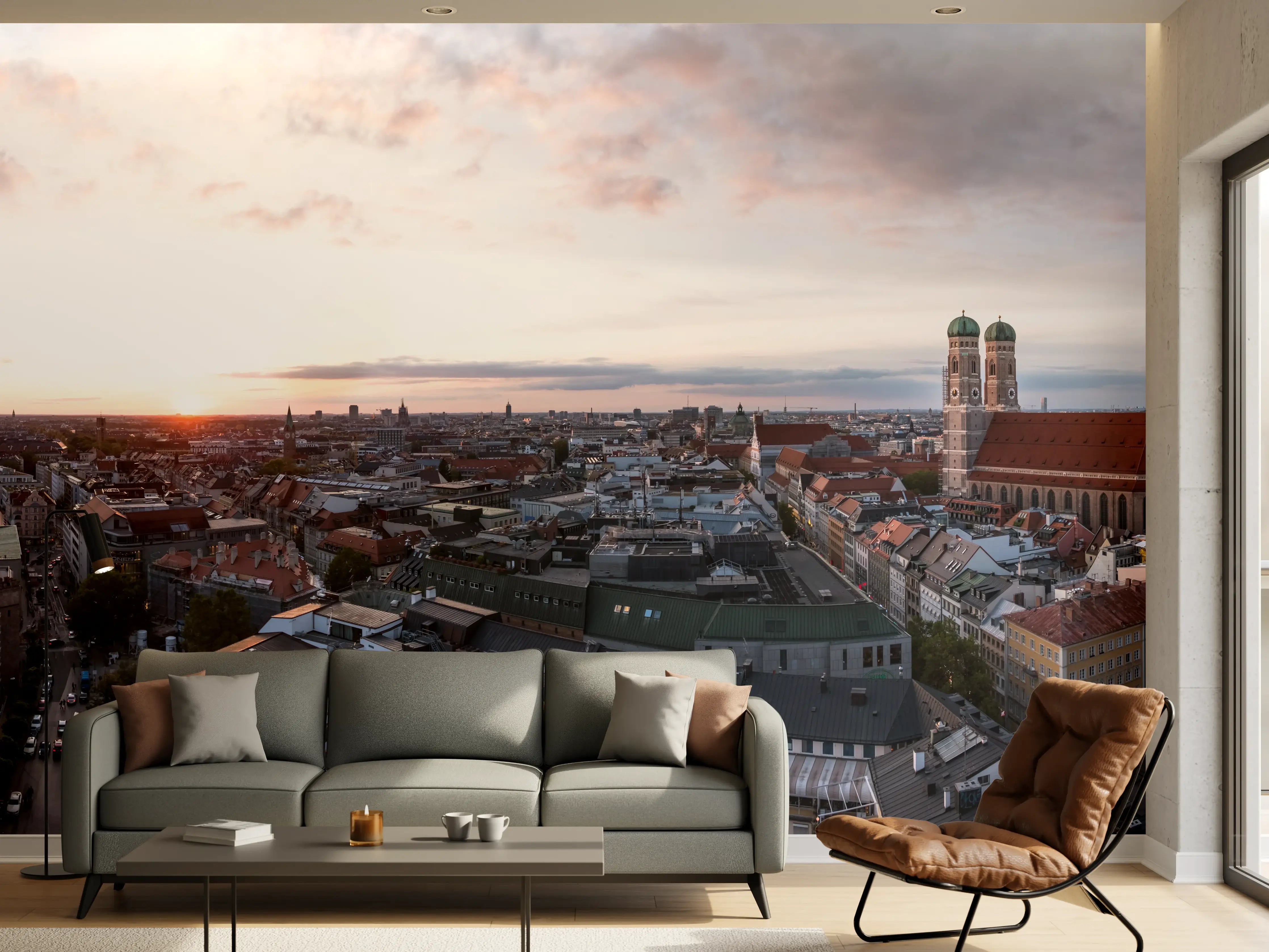 Wandverkleidung Wohnzimmer - Aussicht über München mit Frauenkirche und Rathaus
