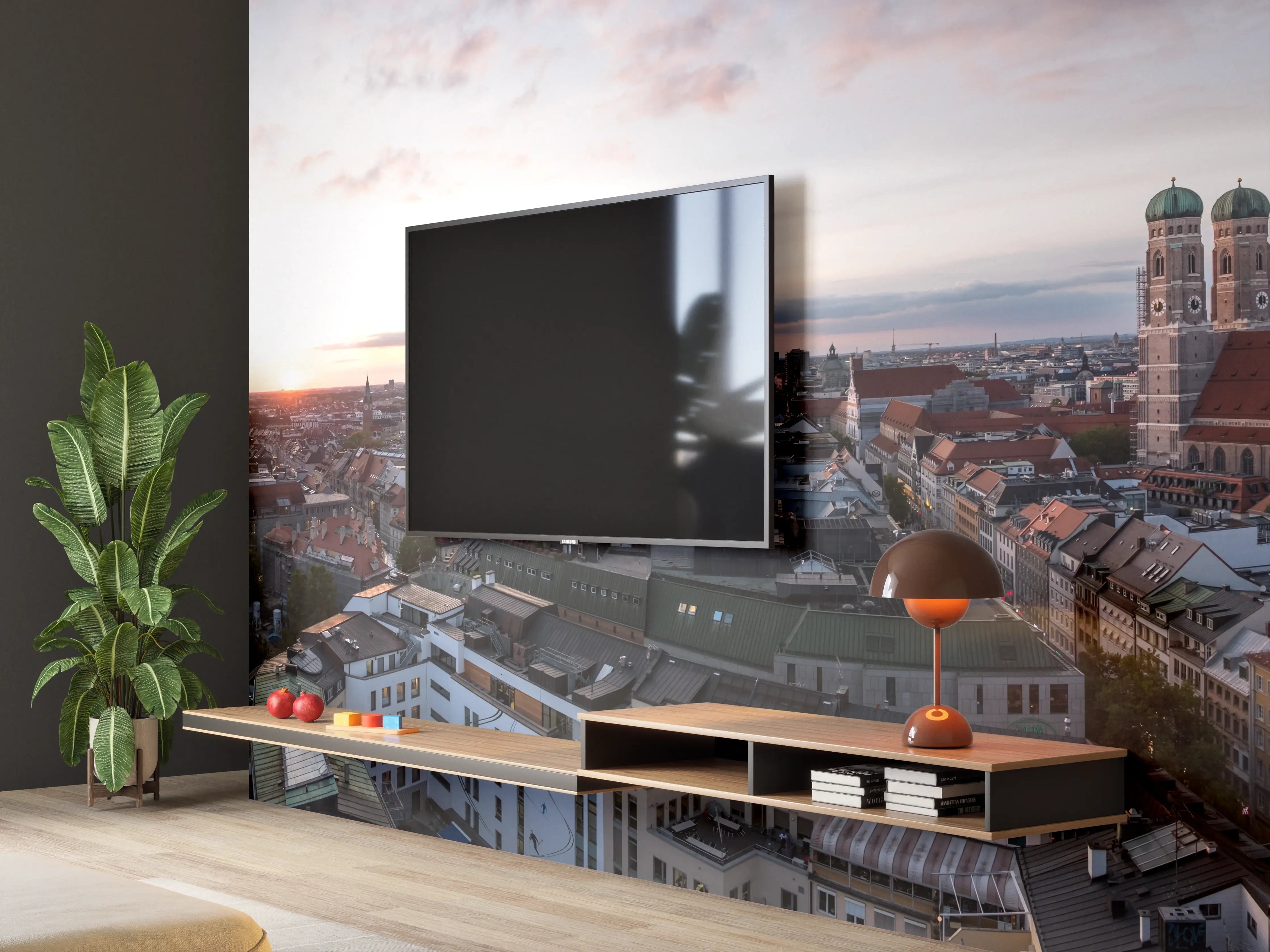 Wandverkleidung Wohnzimmer - Aussicht über München mit Frauenkirche und Rathaus