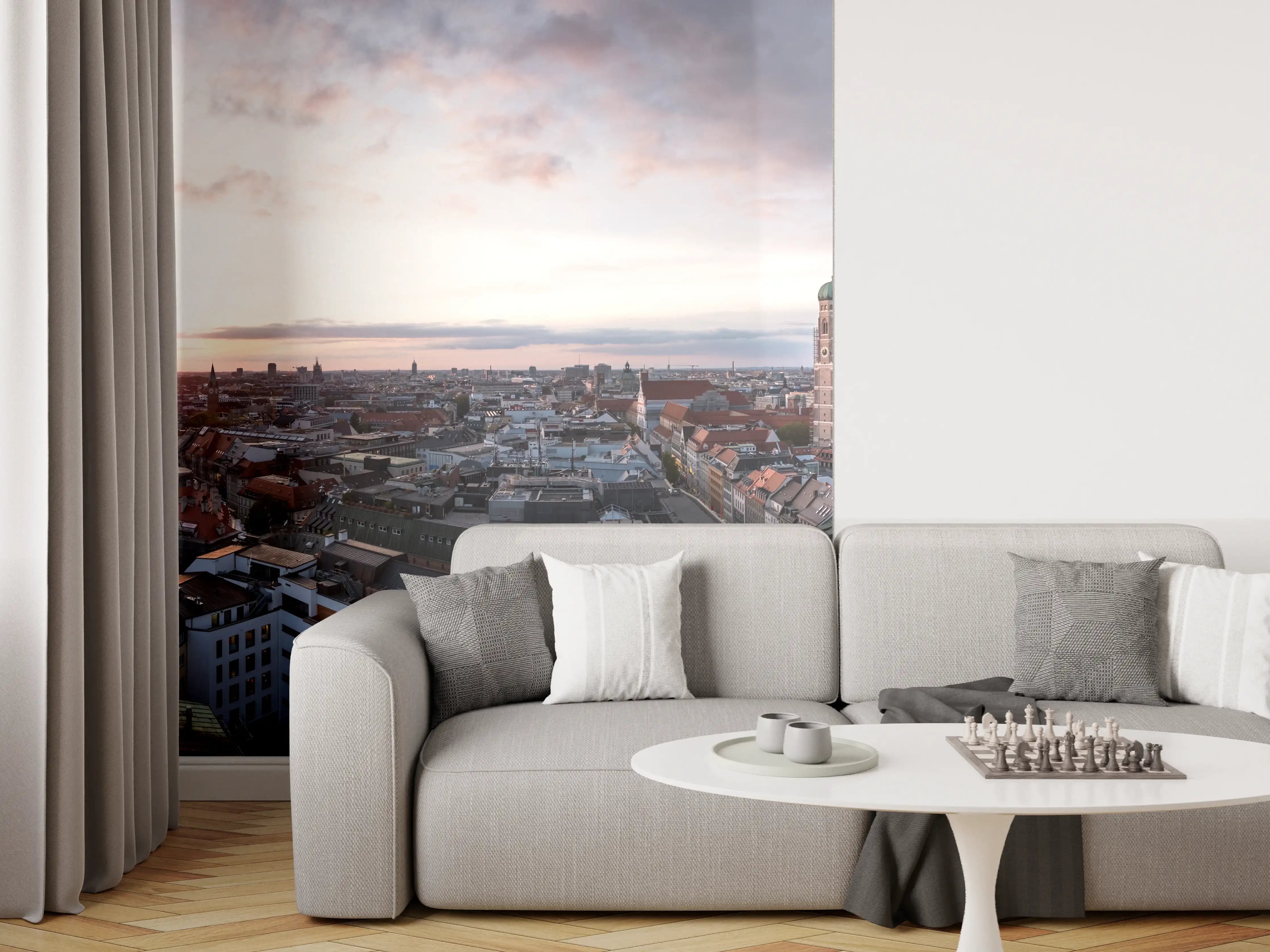 Wandverkleidung Wohnzimmer - Aussicht über München mit Frauenkirche und Rathaus