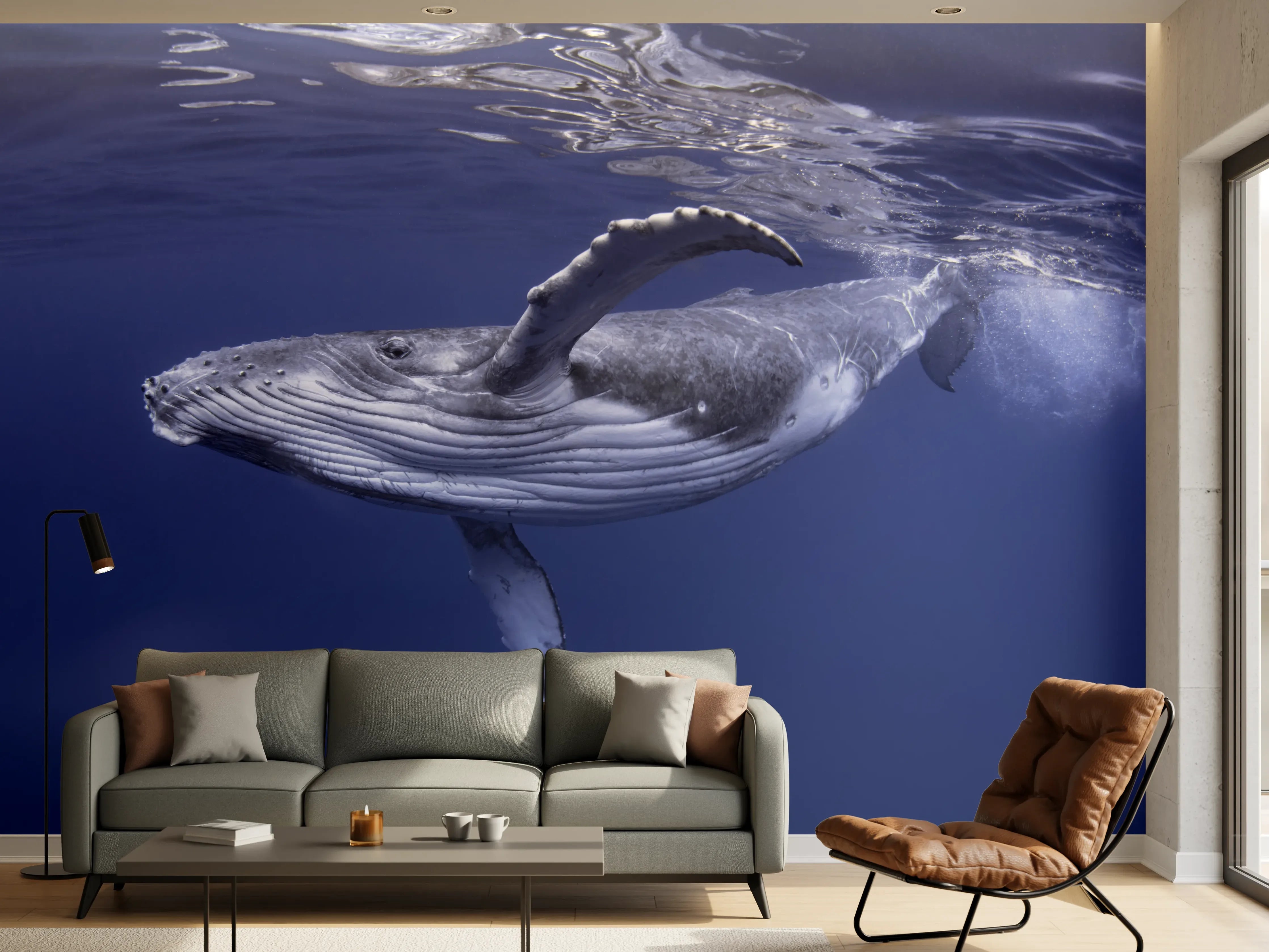 Wandverkleidung Wohnzimmer - Baby-Buckelwal-Kalb im blauen Wasser