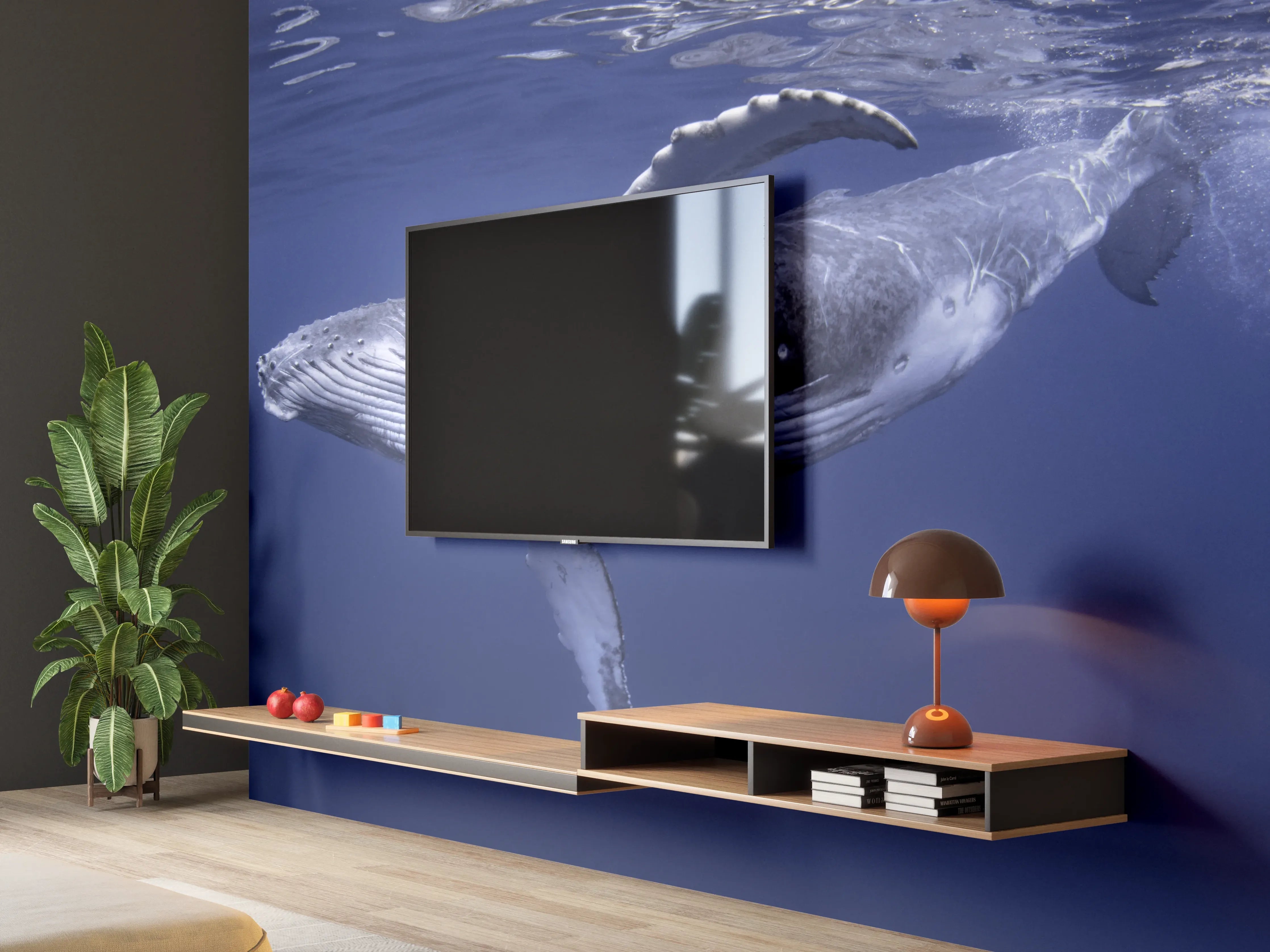 Wandverkleidung Wohnzimmer - Baby-Buckelwal-Kalb im blauen Wasser