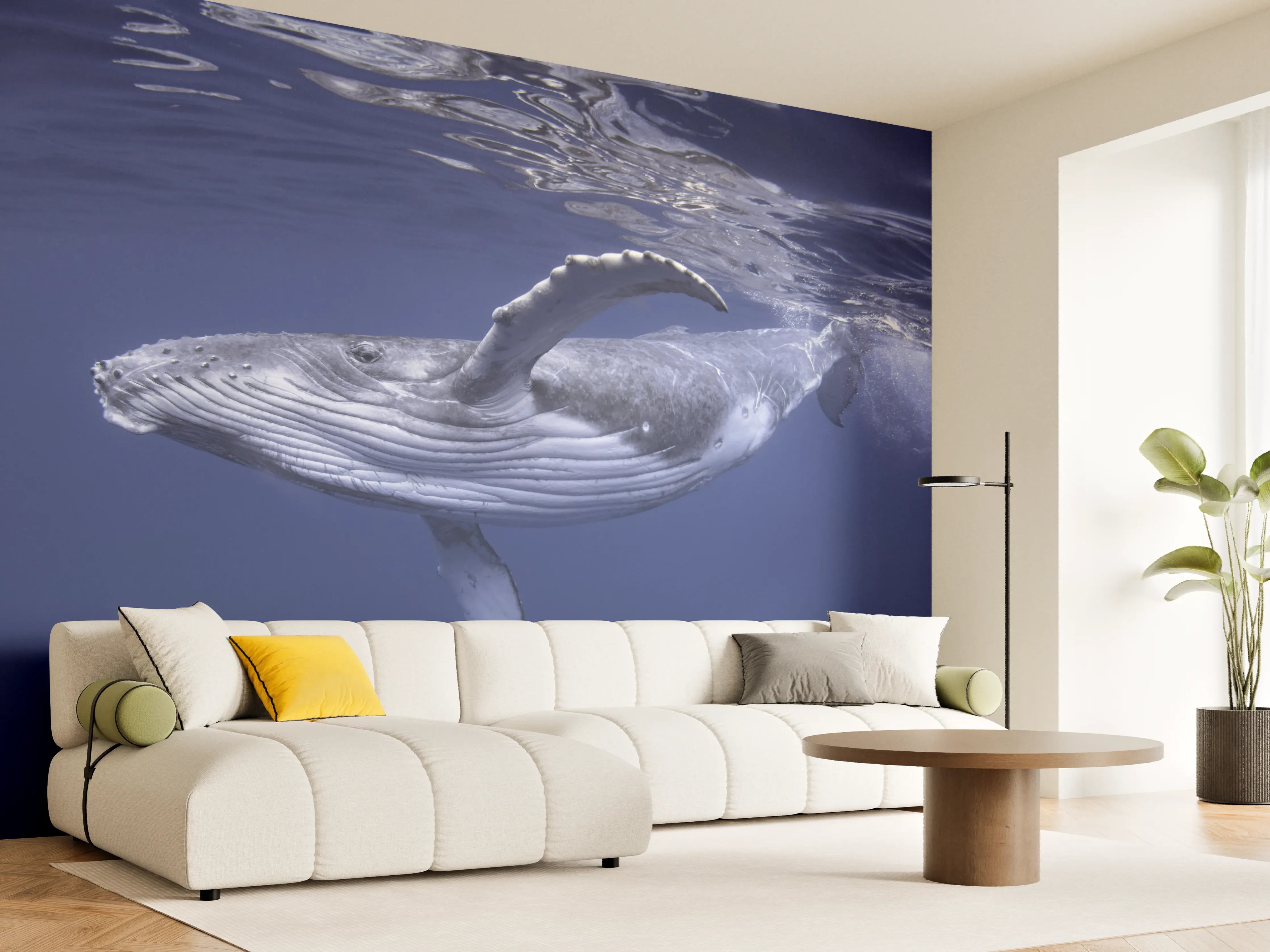 Wandverkleidung Wohnzimmer - Baby-Buckelwal-Kalb im blauen Wasser