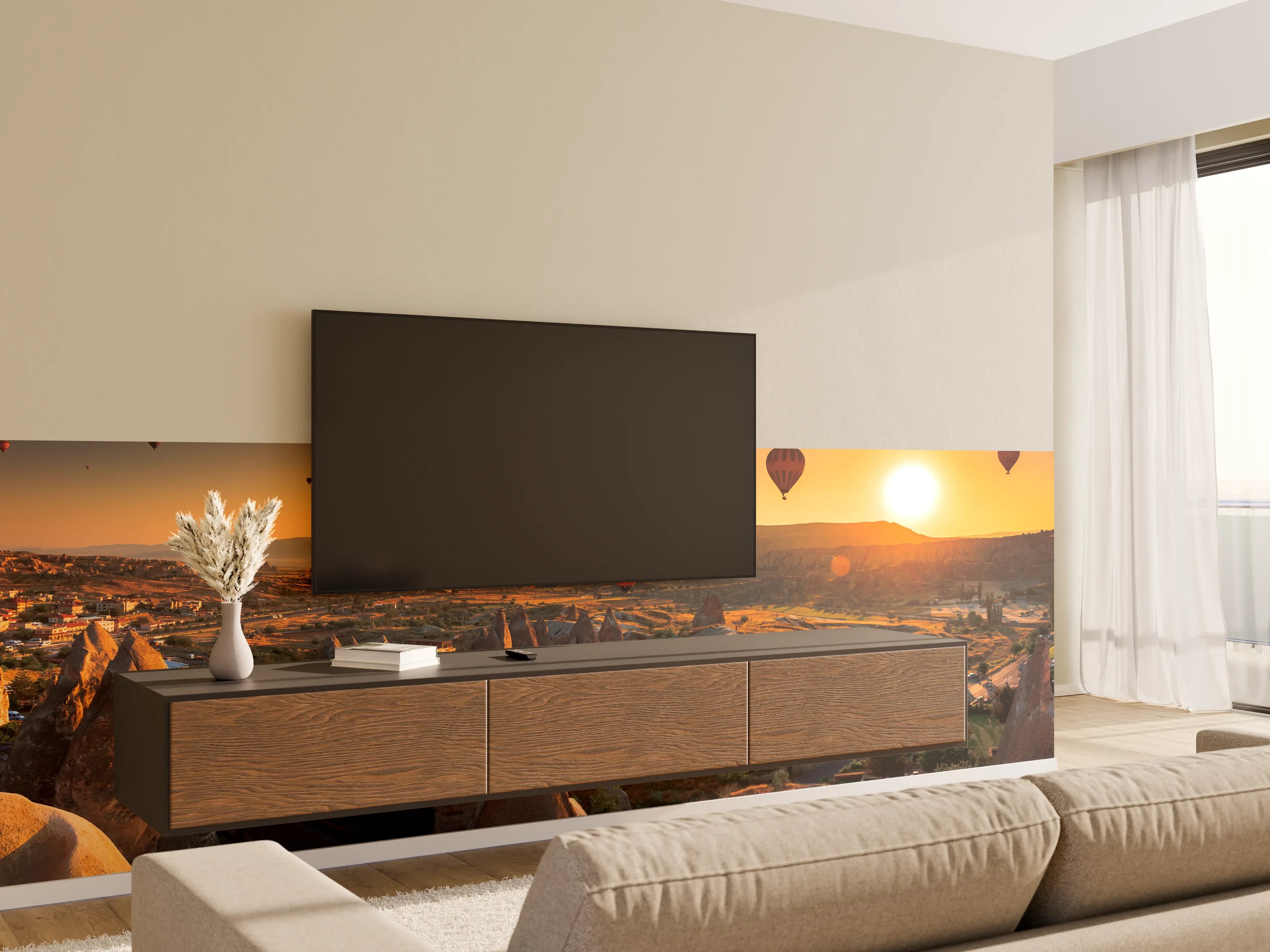 Wandverkleidung Wohnzimmer - Ballonfahrt bei Sonnenaufgang über Kappadokien
