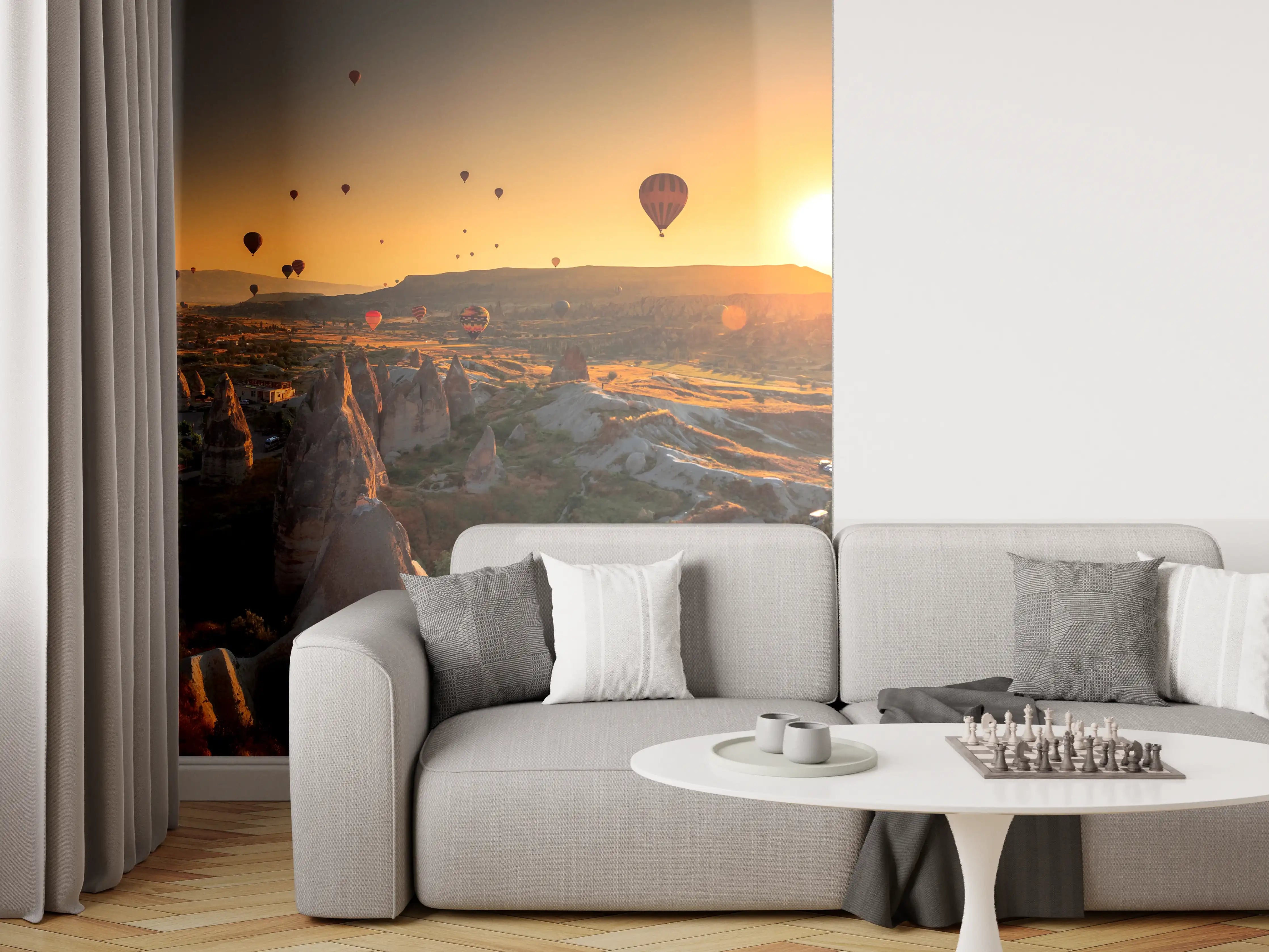 Wandverkleidung Wohnzimmer - Ballonfahrt bei Sonnenaufgang über Kappadokien