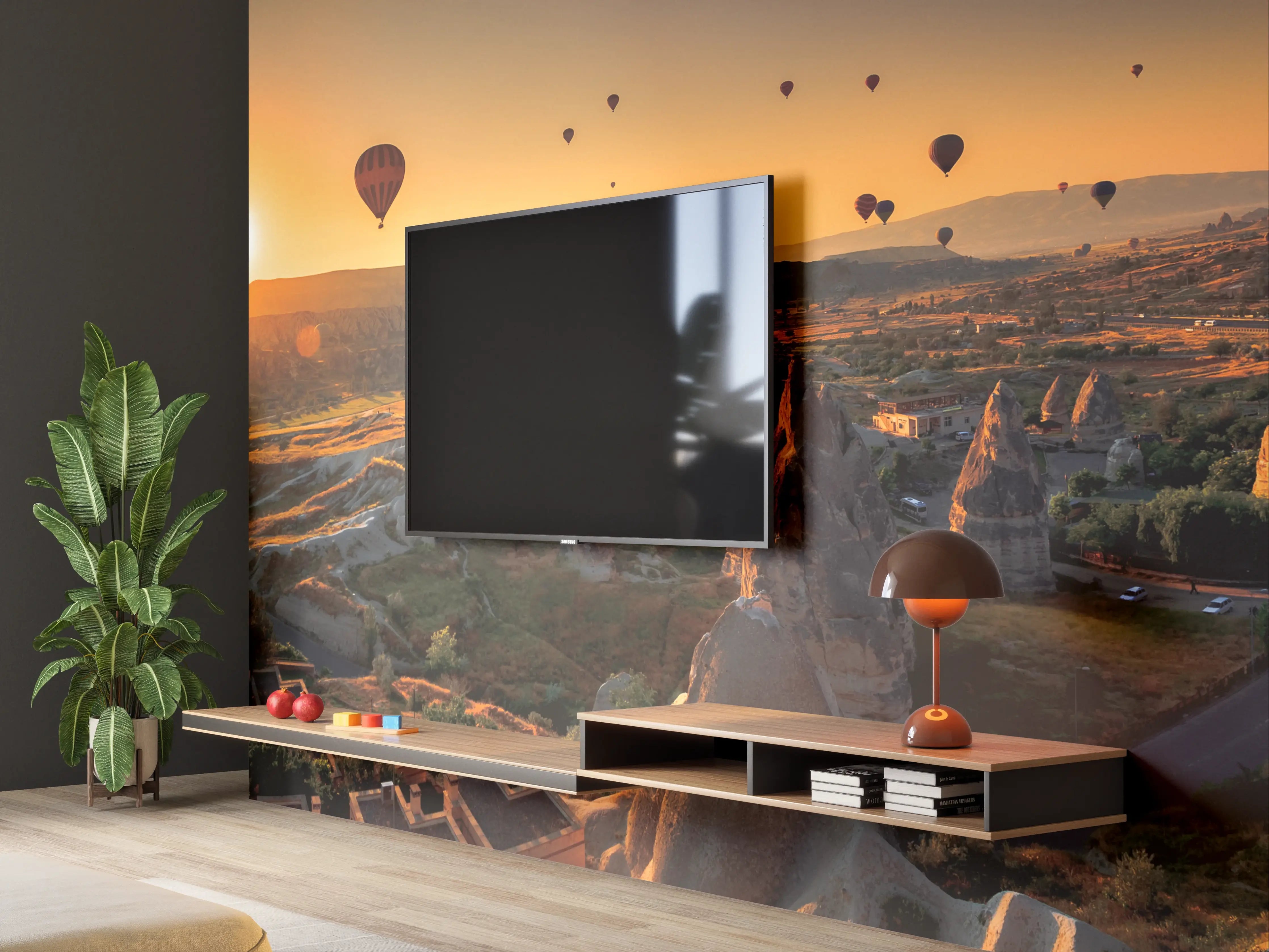 Wandverkleidung Wohnzimmer - Ballonfahrt bei Sonnenuntergang in Kappadokien