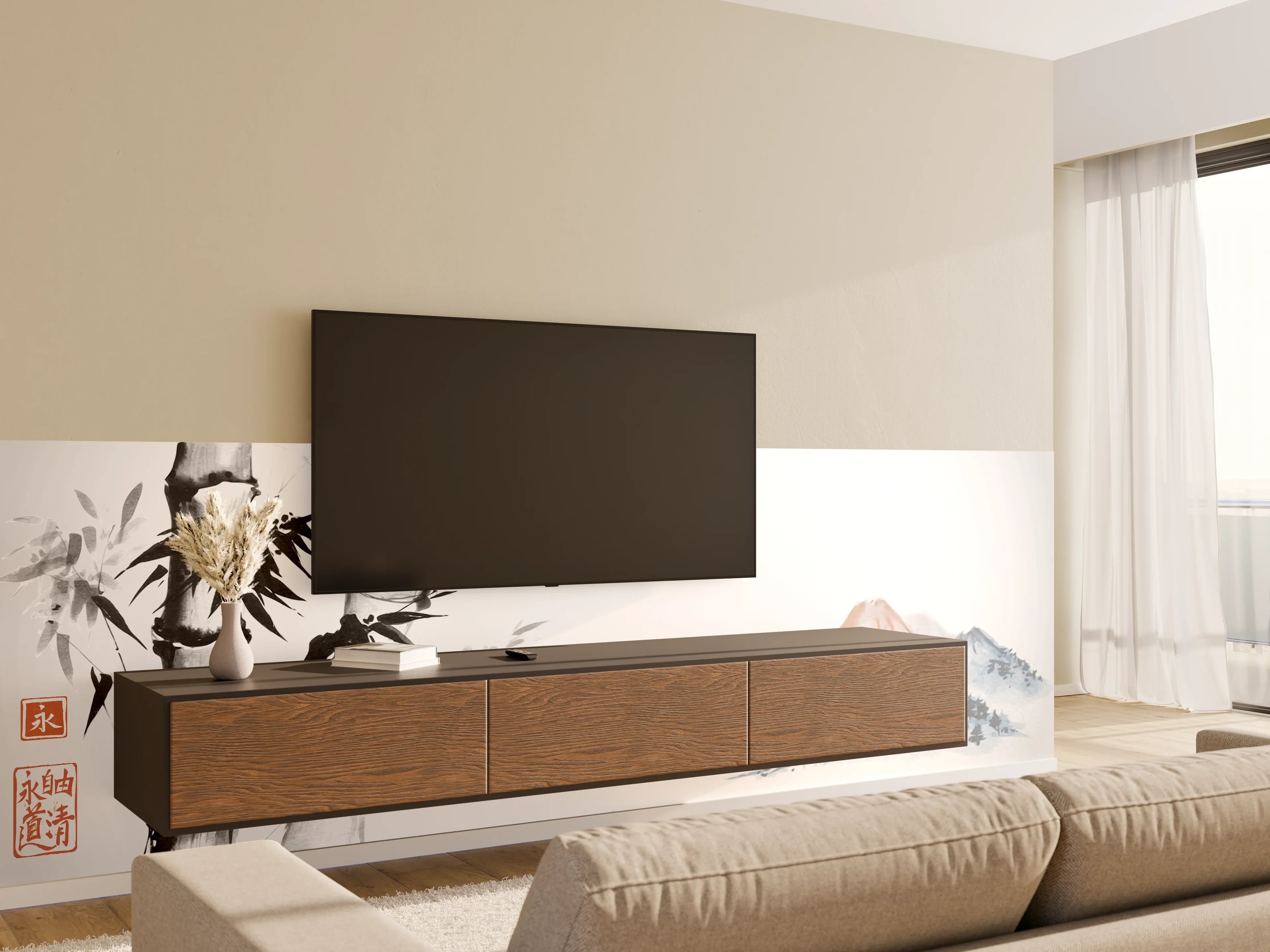Wandverkleidung Wohnzimmer - Bambus Malerei Berglandschaft
