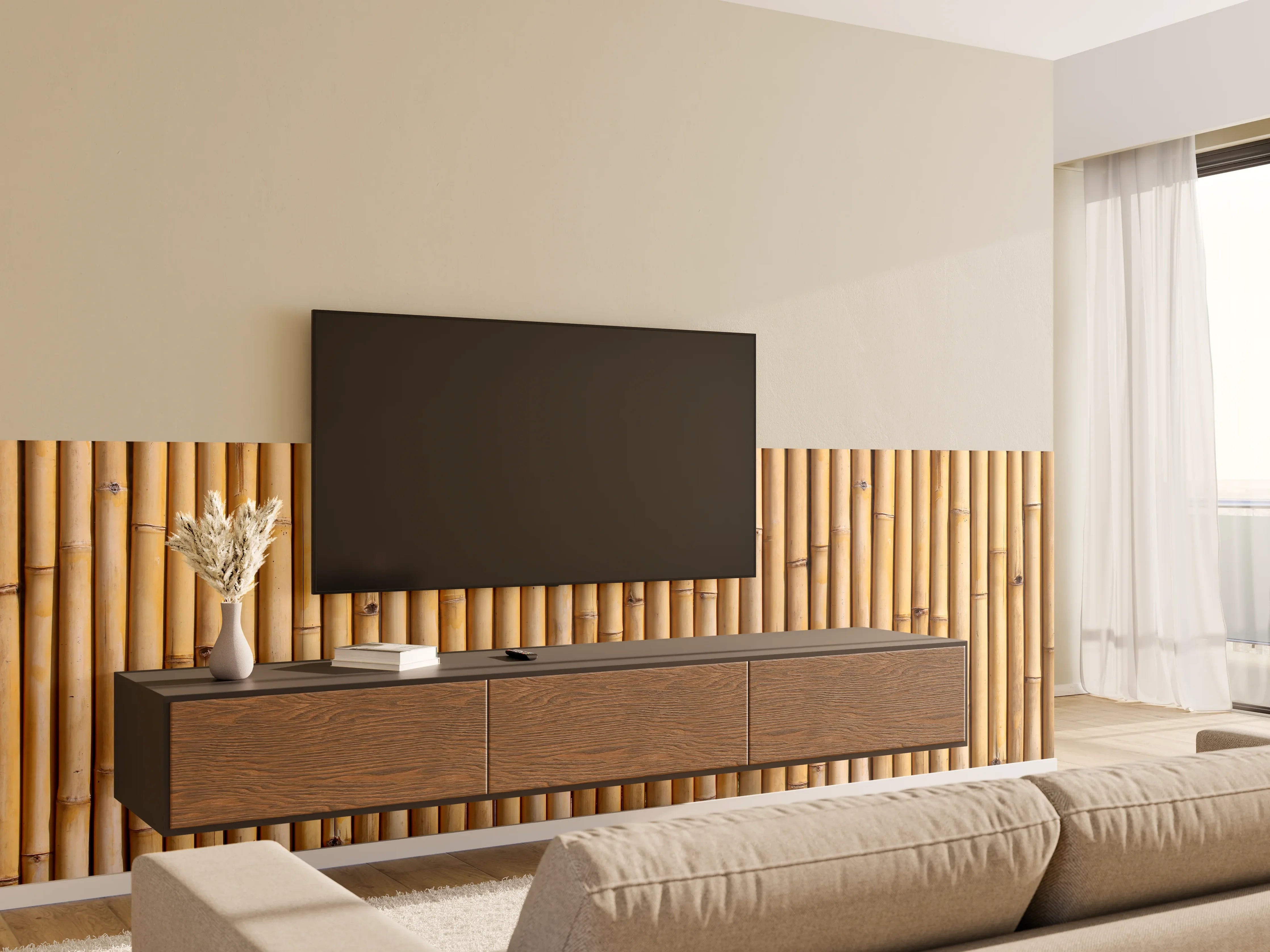Wandverkleidung Wohnzimmer - Bambuszaun in natürlichem Stil