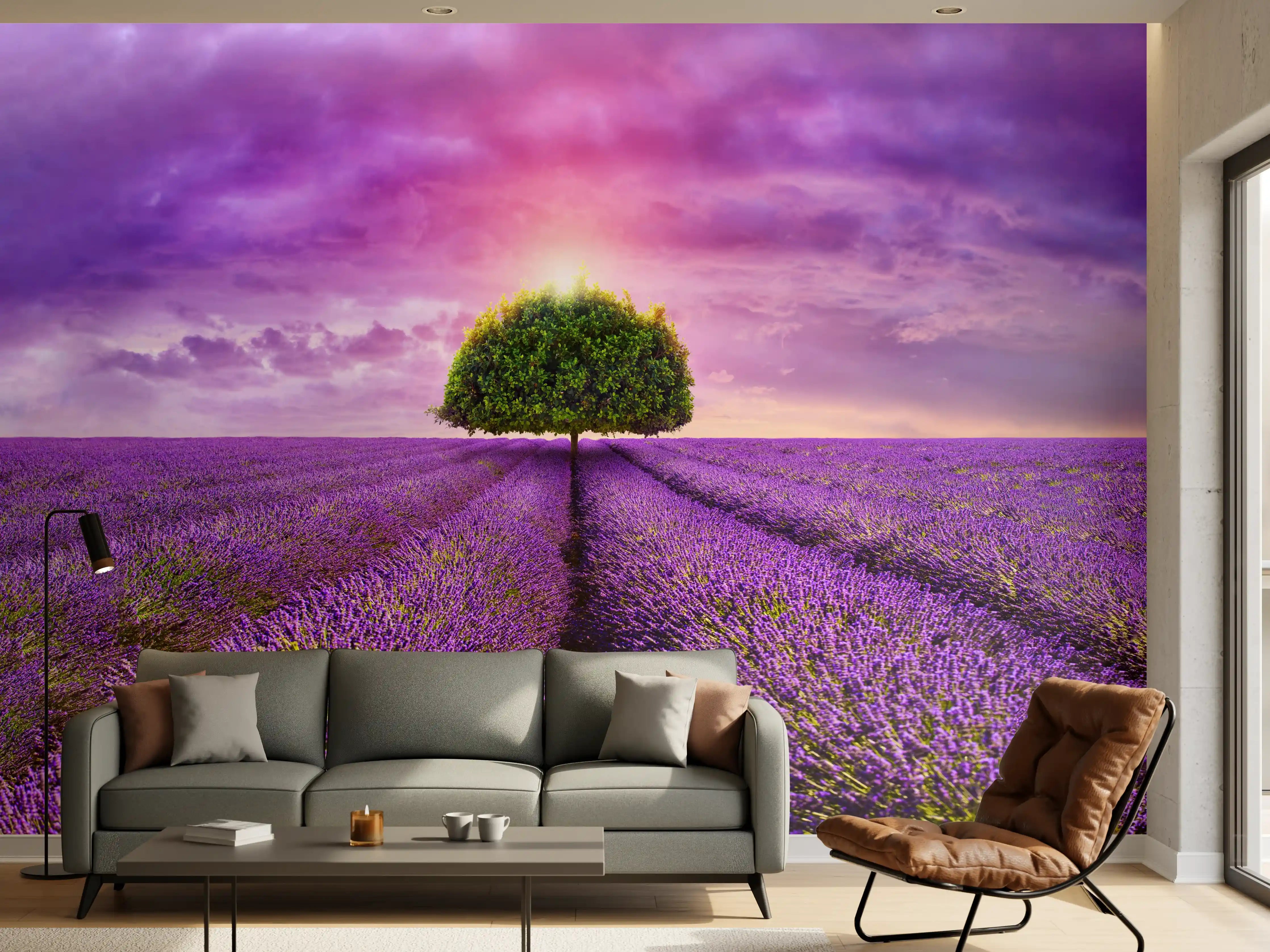 Wandverkleidung Wohnzimmer - Baum im schönen lavendel Feld