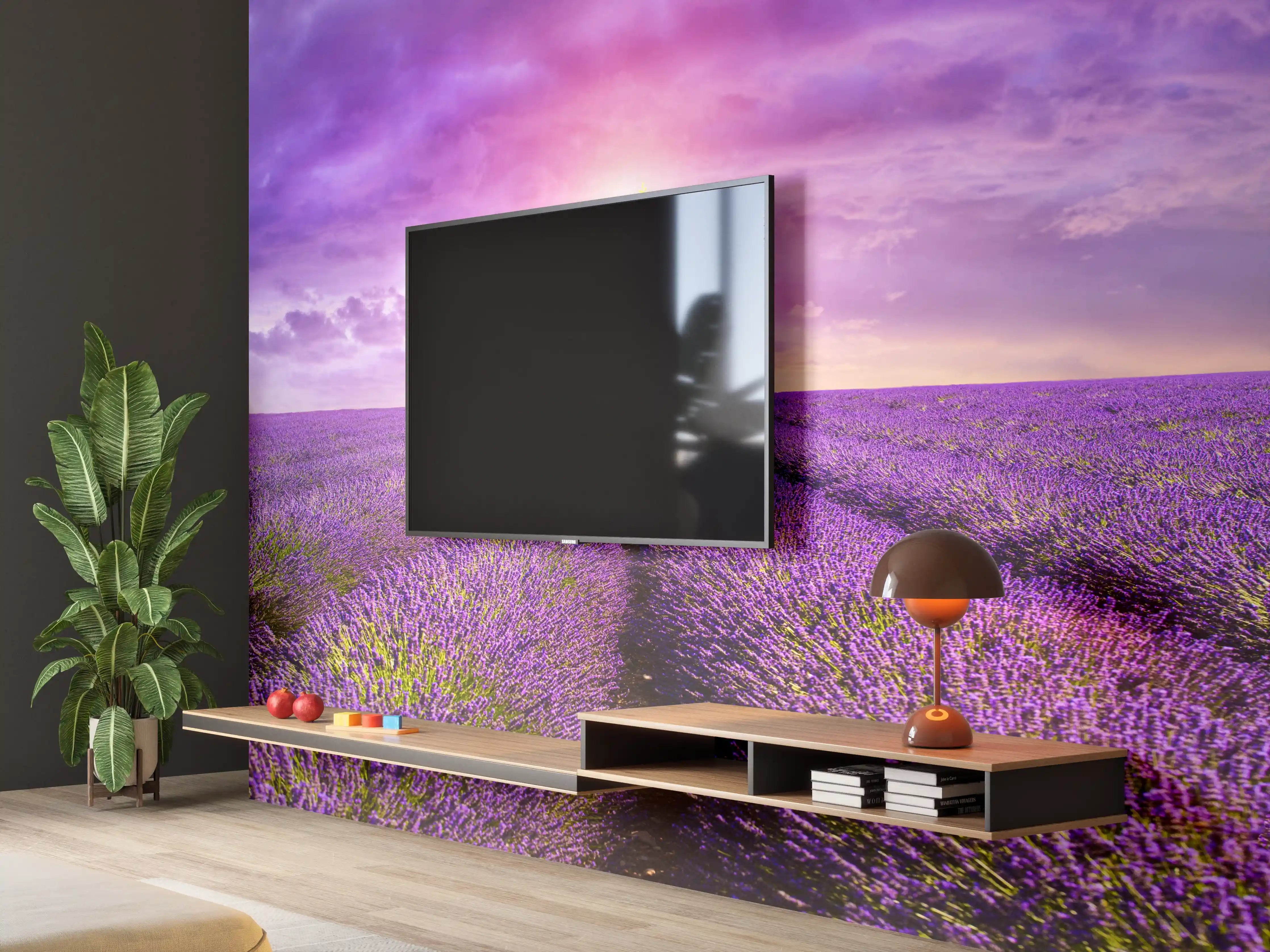 Wandverkleidung Wohnzimmer - Baum im schönen lavendel Feld