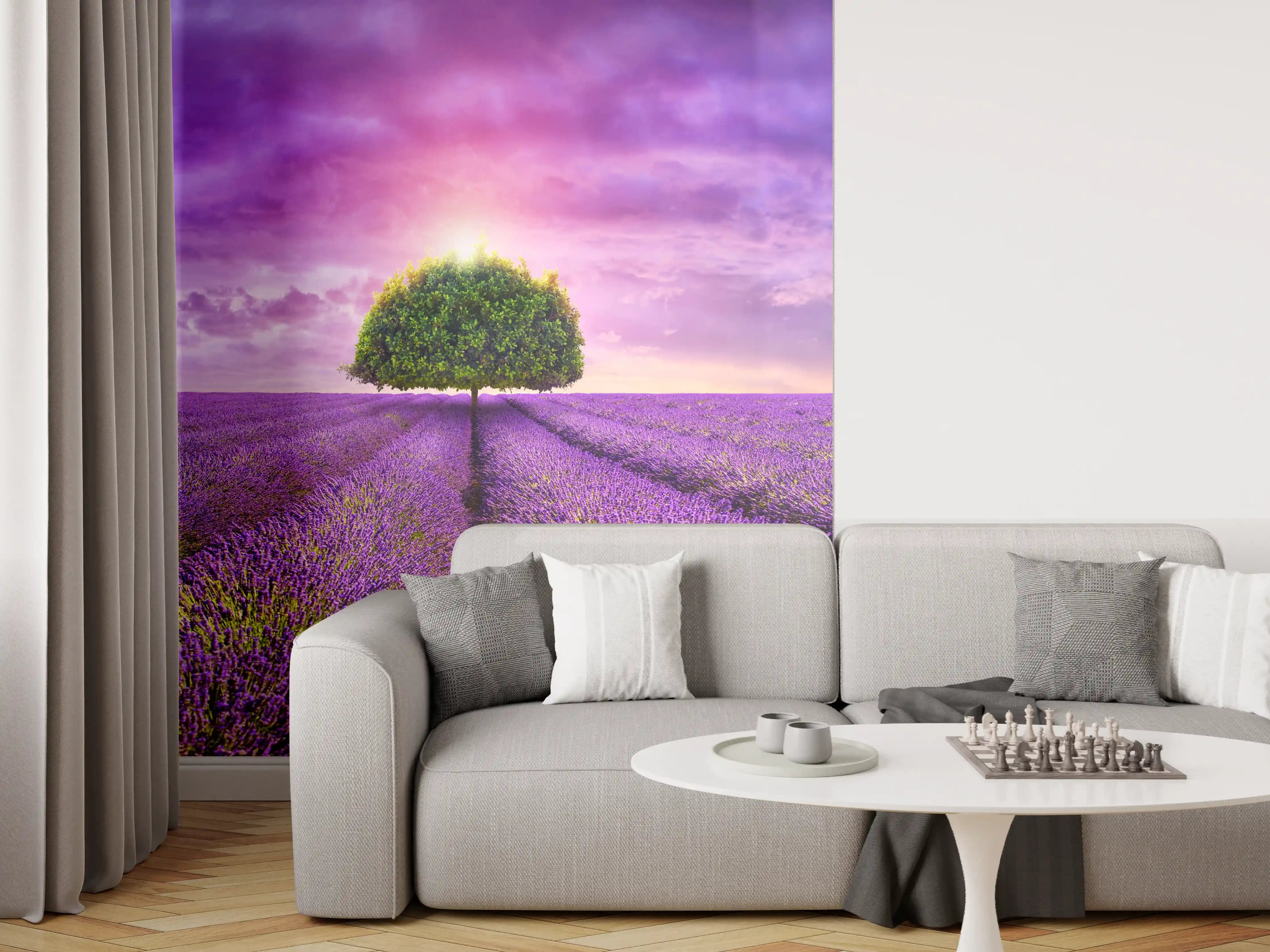 Wandverkleidung Wohnzimmer - Baum im schönen lavendel Feld