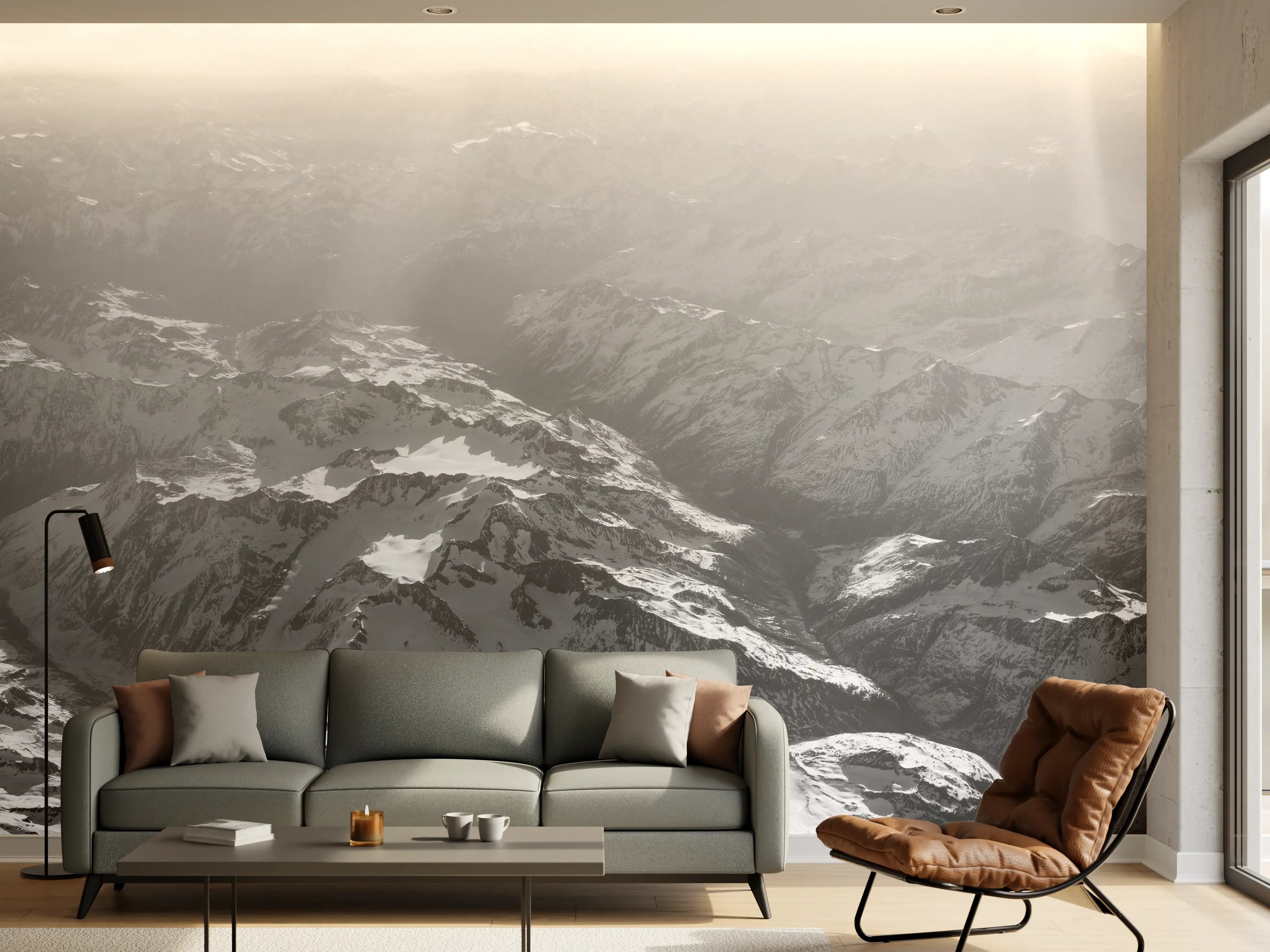 Wandverkleidung Wohnzimmer - Beeindruckende Alpenlandschaft im Schwarzweiß