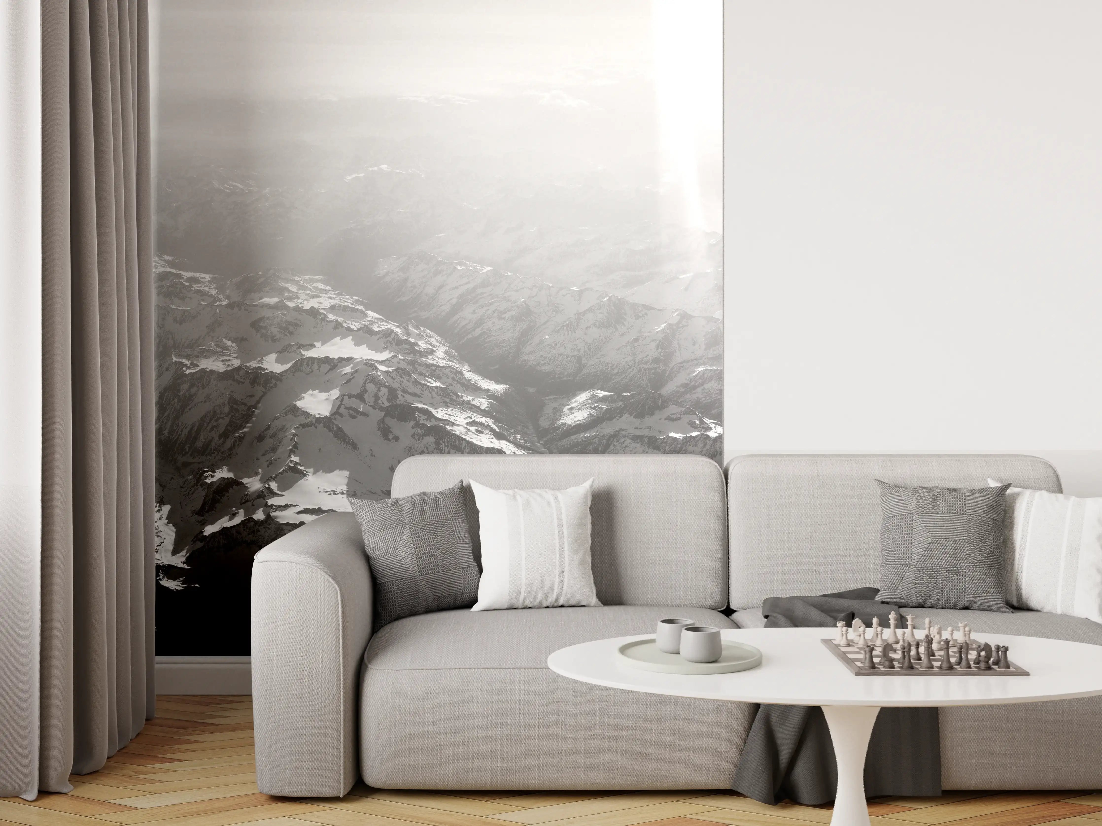 Wandverkleidung Wohnzimmer - Beeindruckende Alpenlandschaft im Schwarzweiß