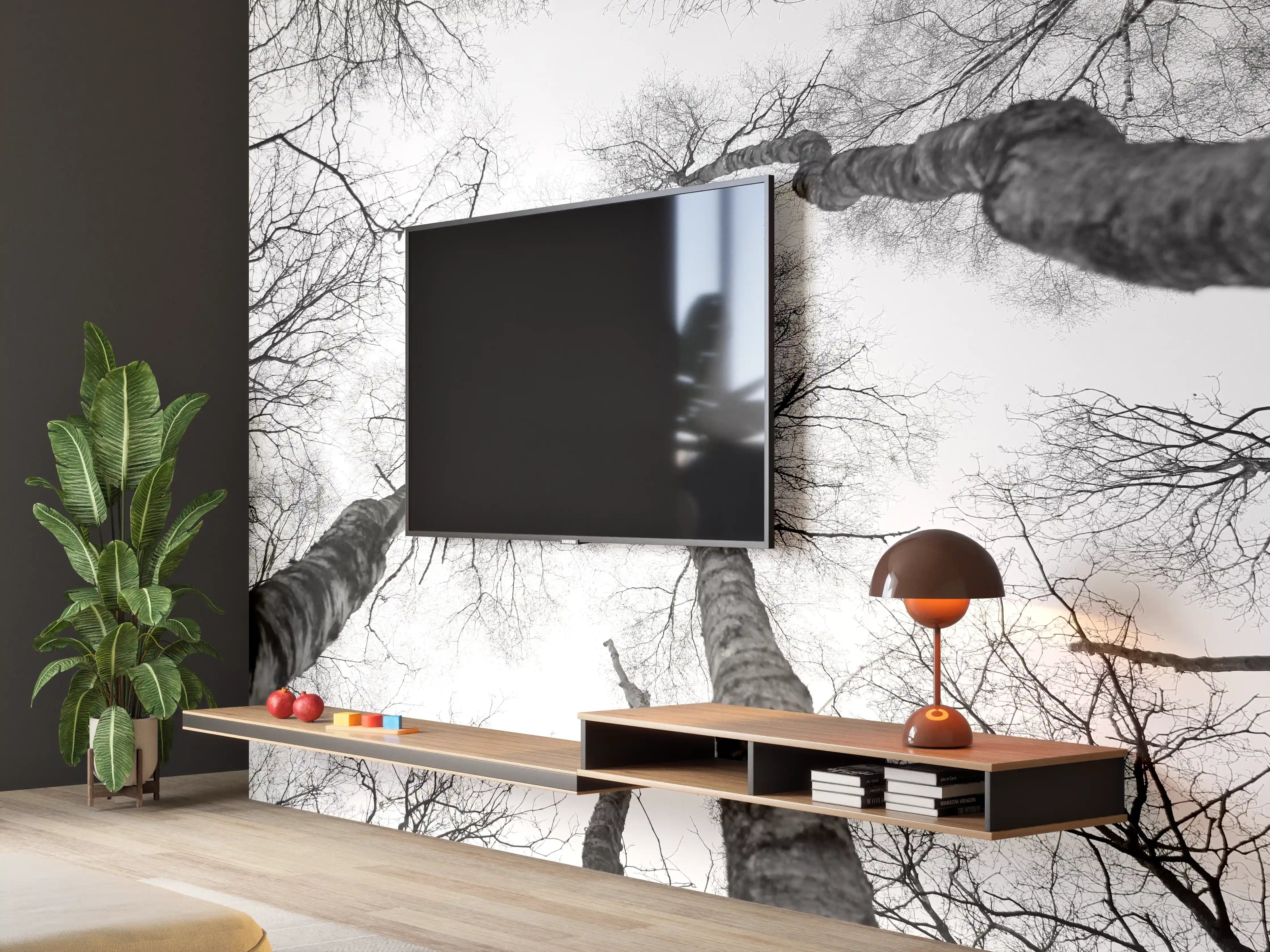 Wandverkleidung Wohnzimmer - Beeindruckende Baumwälder im Schwarz-Weiß-Look