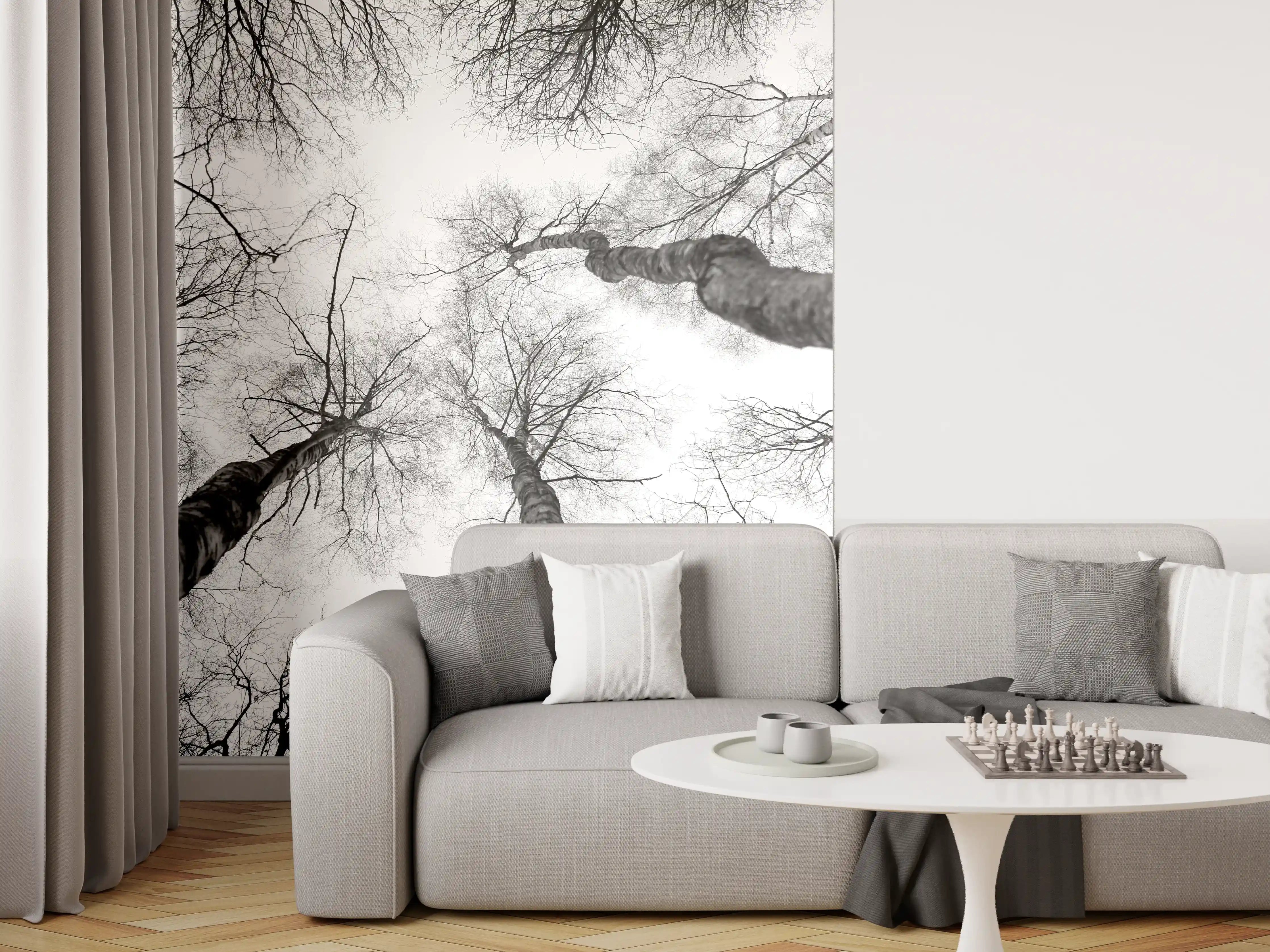 Wandverkleidung Wohnzimmer - Beeindruckende Baumwälder im Schwarz-Weiß-Look