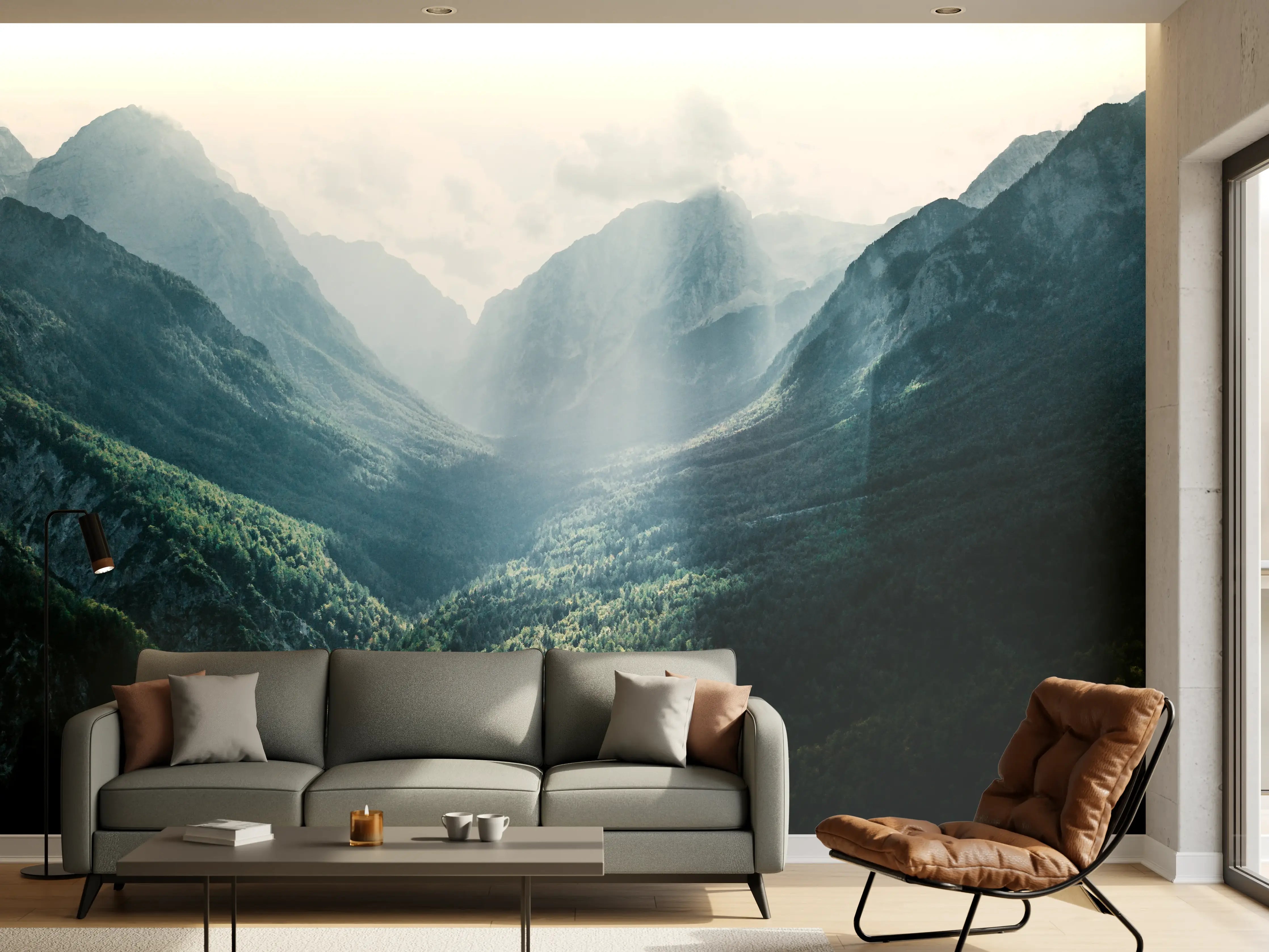 Wandverkleidung Wohnzimmer - Beeindruckende Berglandschaft mit Sonnenstrahlen