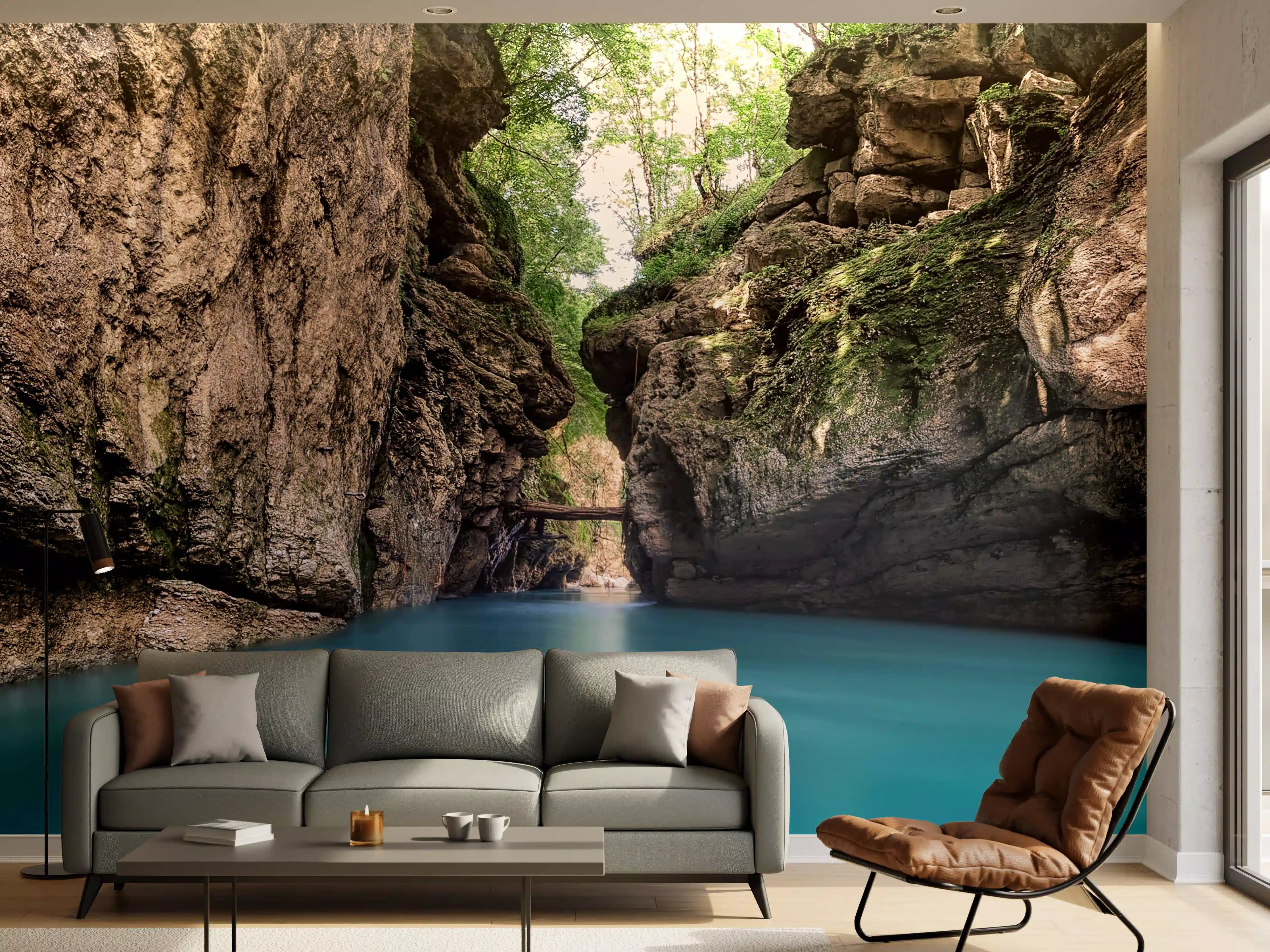 Wandverkleidung Wohnzimmer - Beeindruckende Canyonszene mit türkisblauem Wasser